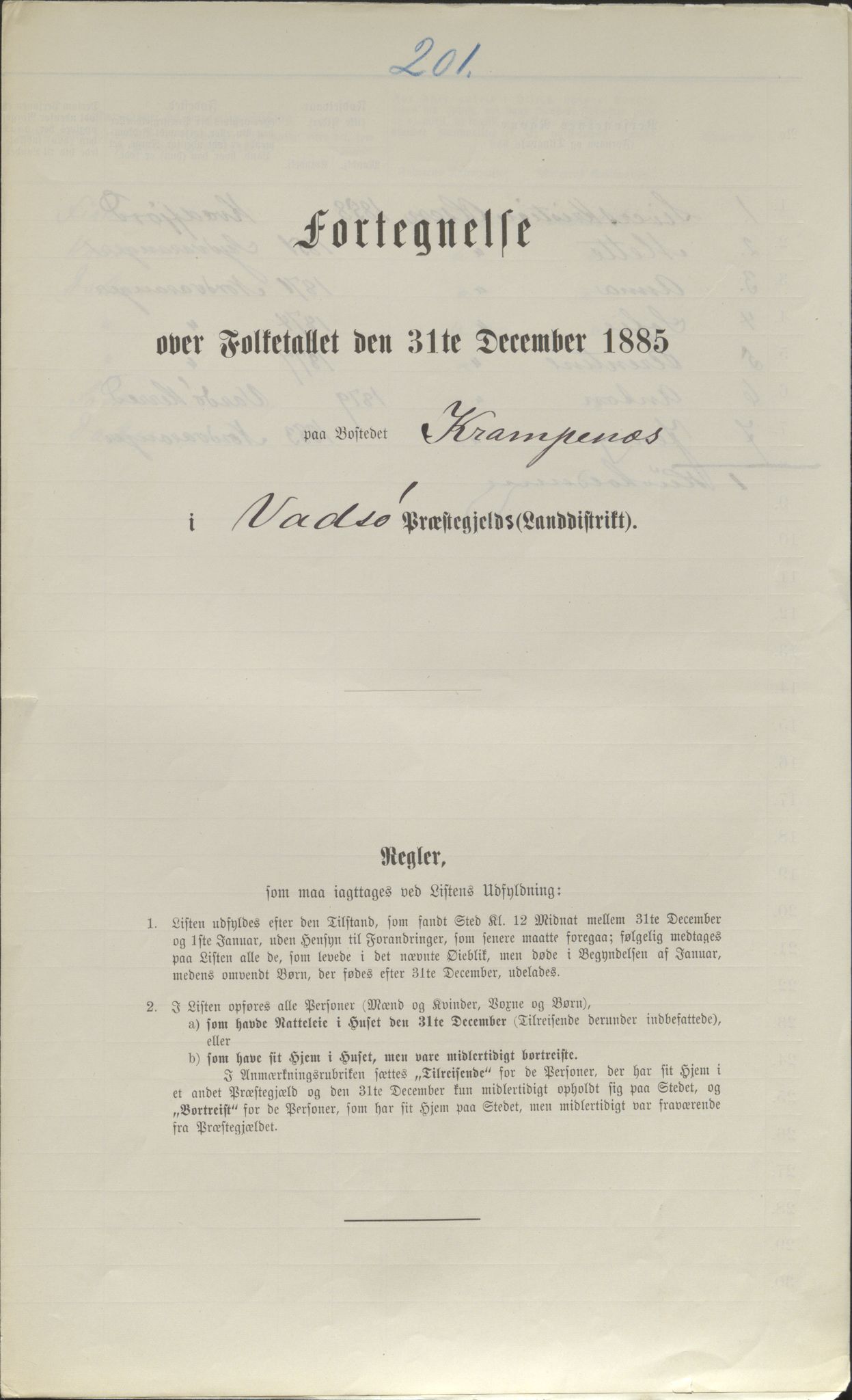 SATØ, Folketelling 1885 for 2029 Vadsø landsogn, 1885, s. 201a