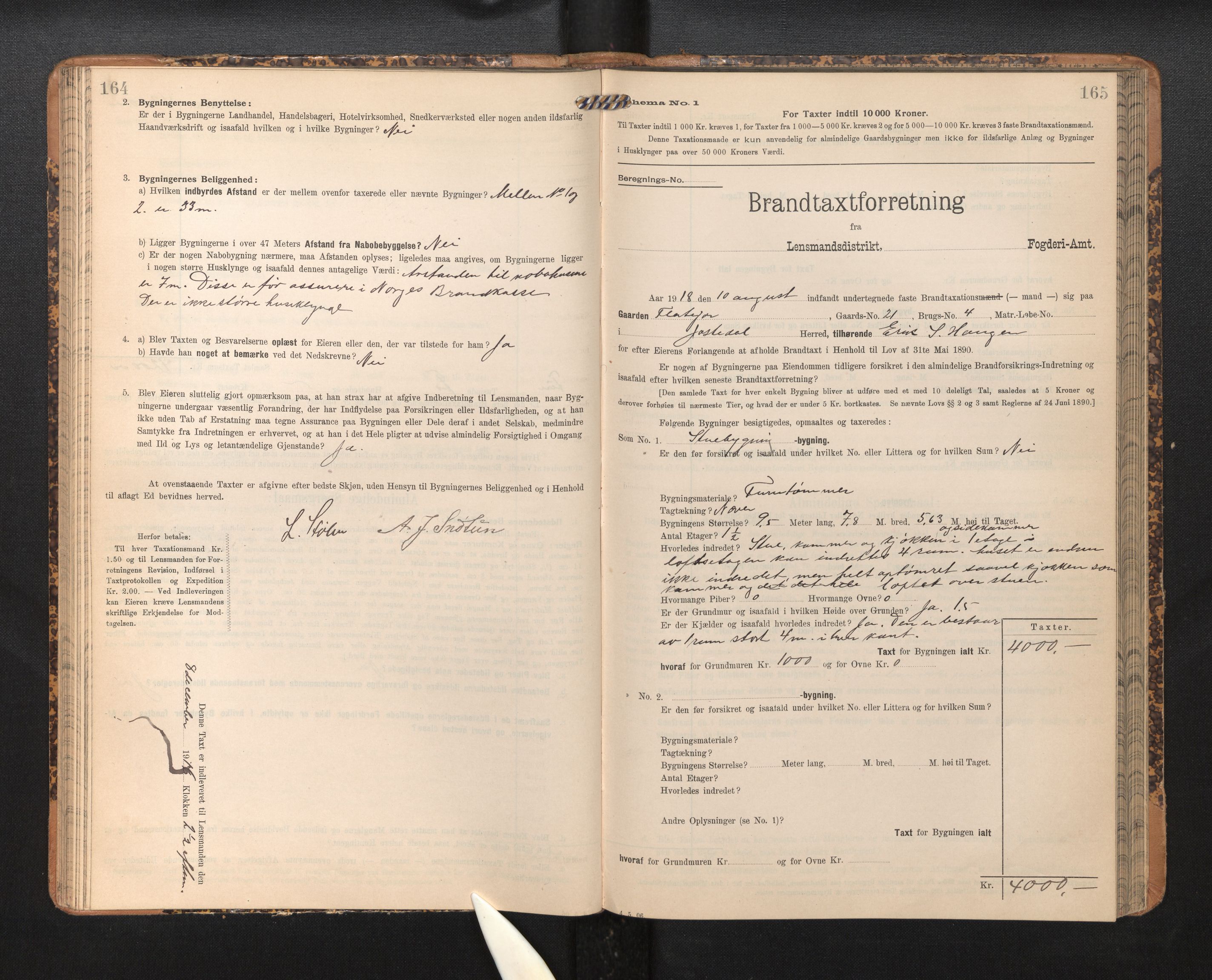 Lensmannen i Jostedal, SAB/A-28601/0012/L0004: Branntakstprotokoll, skjematakst, 1906-1919, s. 164-165