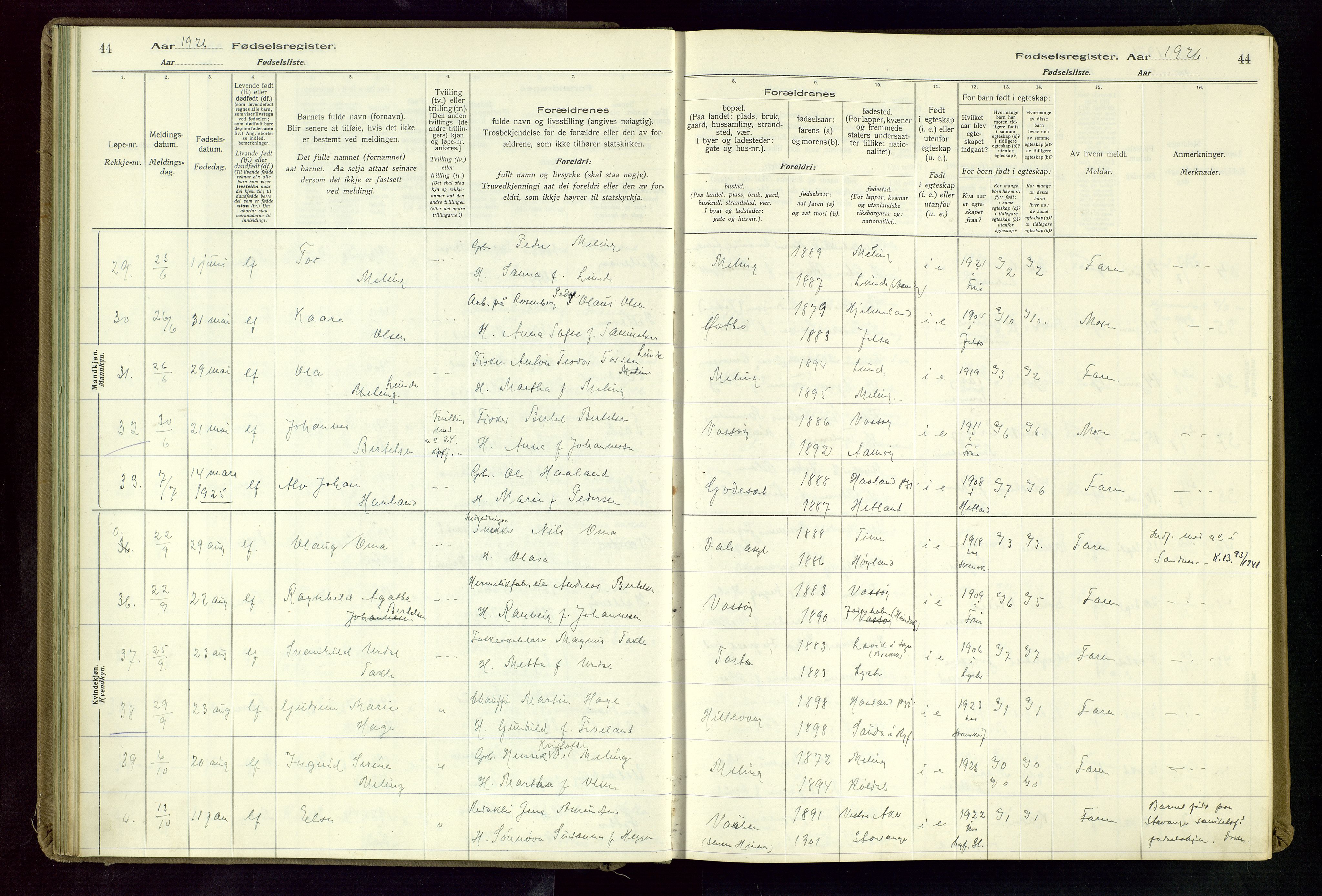 Hetland sokneprestkontor, AV/SAST-A-101826/70/704BA/L0004: Fødselsregister nr. 4, 1923-1937, s. 44