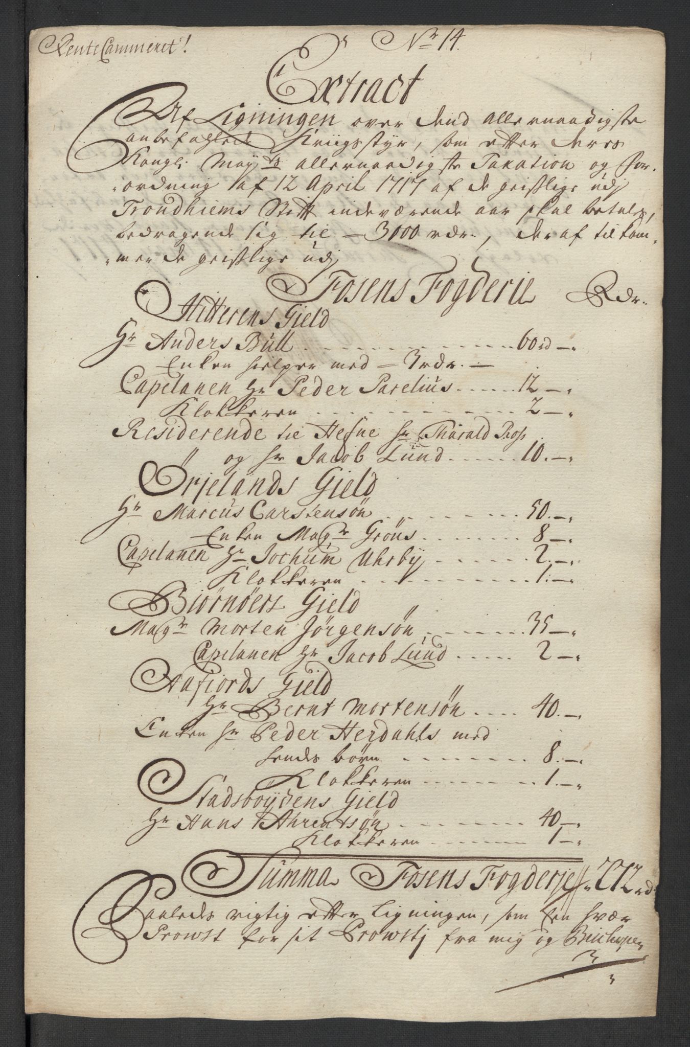 Rentekammeret inntil 1814, Reviderte regnskaper, Fogderegnskap, AV/RA-EA-4092/R57/L3865: Fogderegnskap Fosen, 1717, s. 160