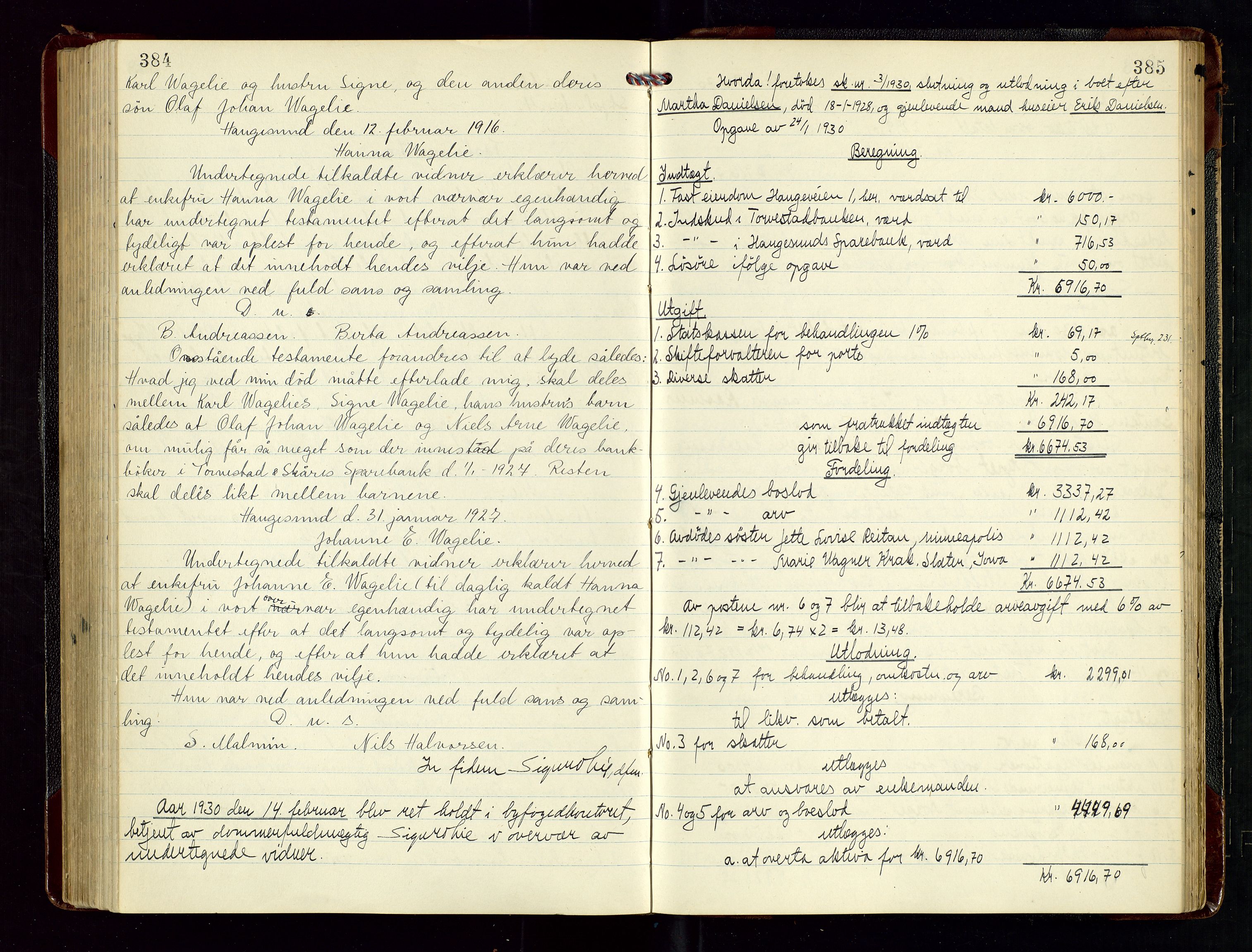 Haugesund tingrett, AV/SAST-A-101415/01/IV/IVD/L0004: Skifteutlodningsprotokoll, med register, 1924-1931, s. 384-385