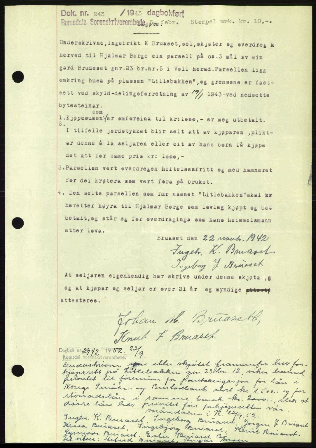 Romsdal sorenskriveri, SAT/A-4149/1/2/2C: Pantebok nr. A13, 1942-1943, Dagboknr: 243/1943