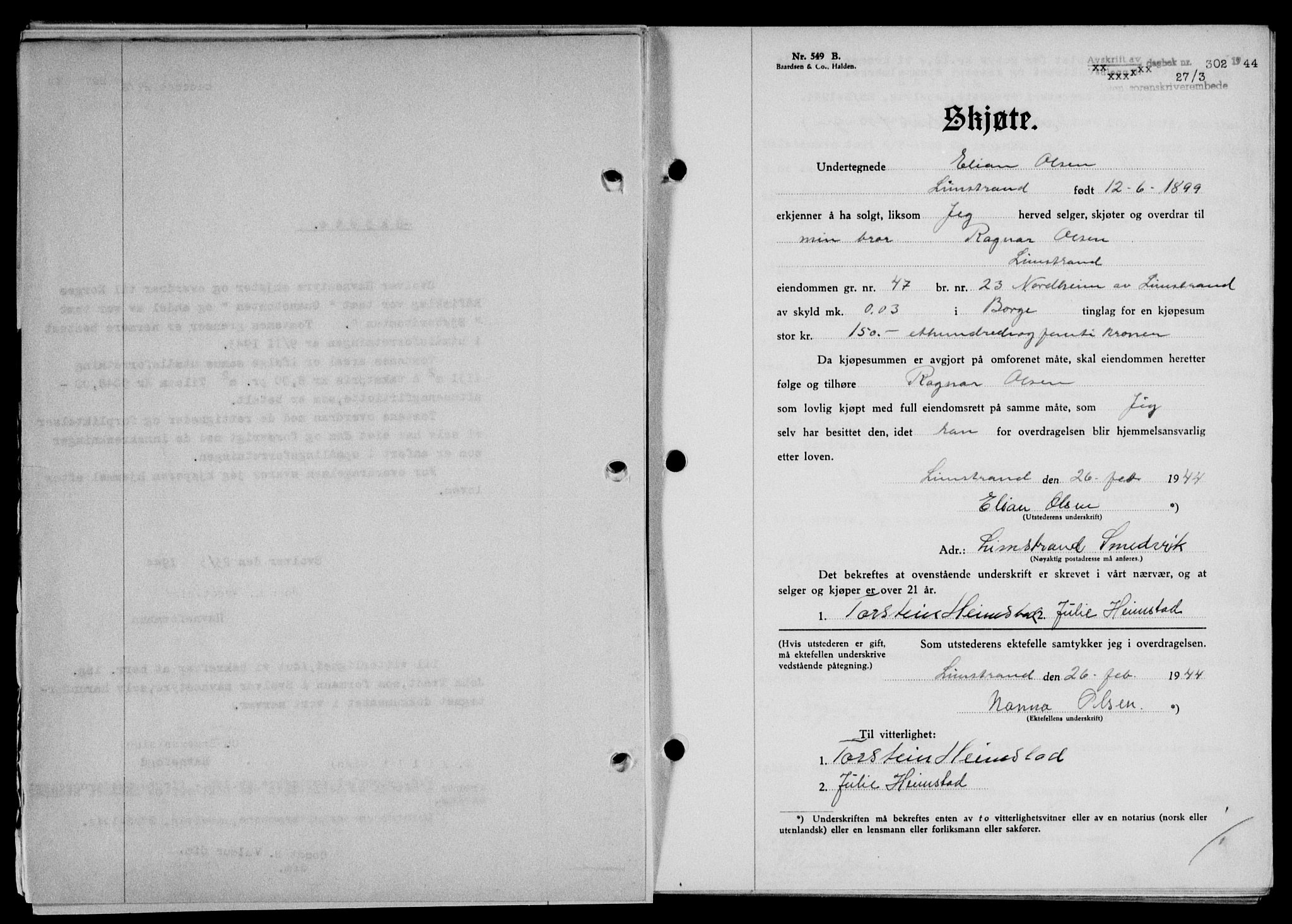 Lofoten sorenskriveri, SAT/A-0017/1/2/2C/L0012a: Pantebok nr. 12a, 1943-1944, Dagboknr: 302/1944