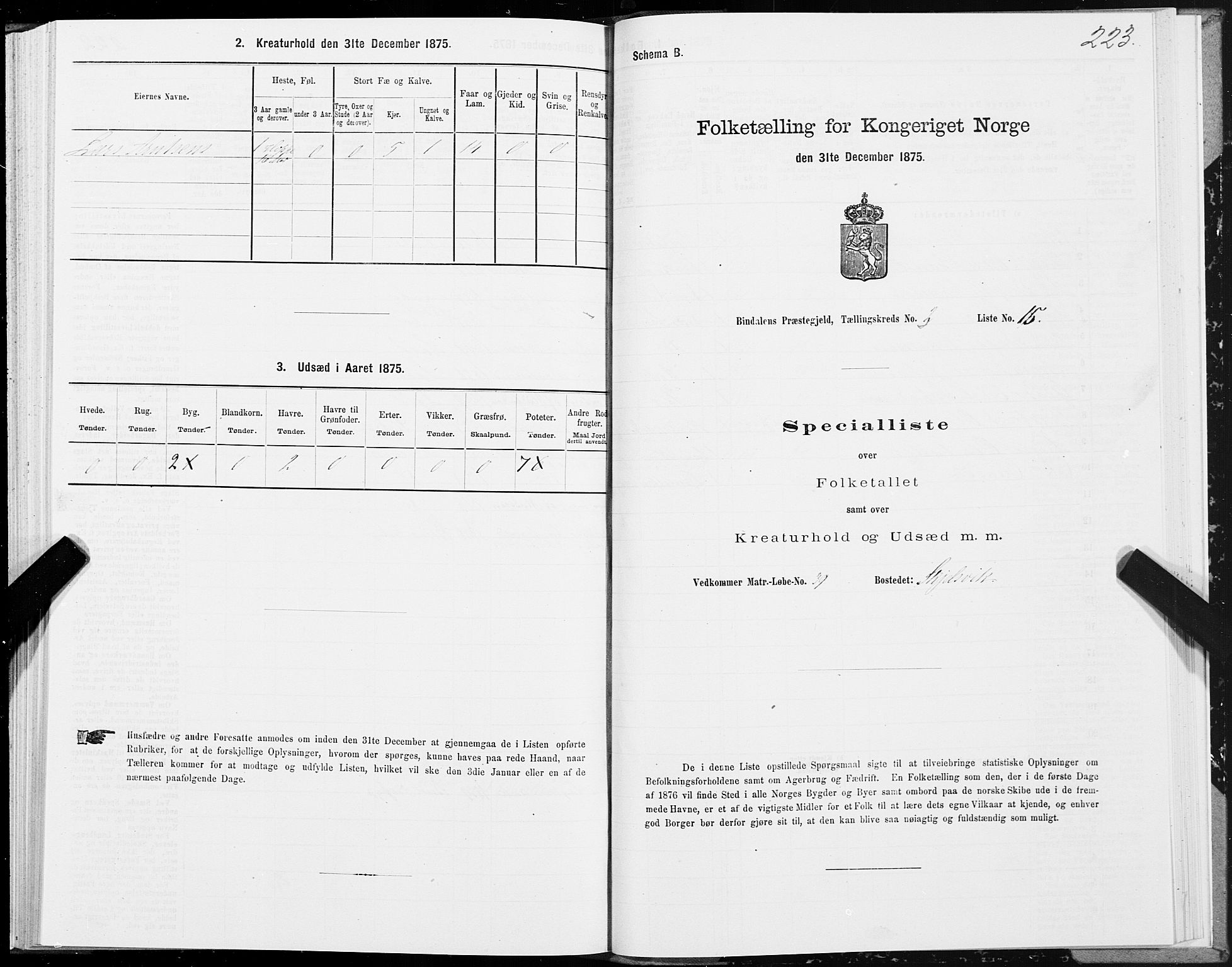 SAT, Folketelling 1875 for 1811P Bindal prestegjeld, 1875, s. 1223