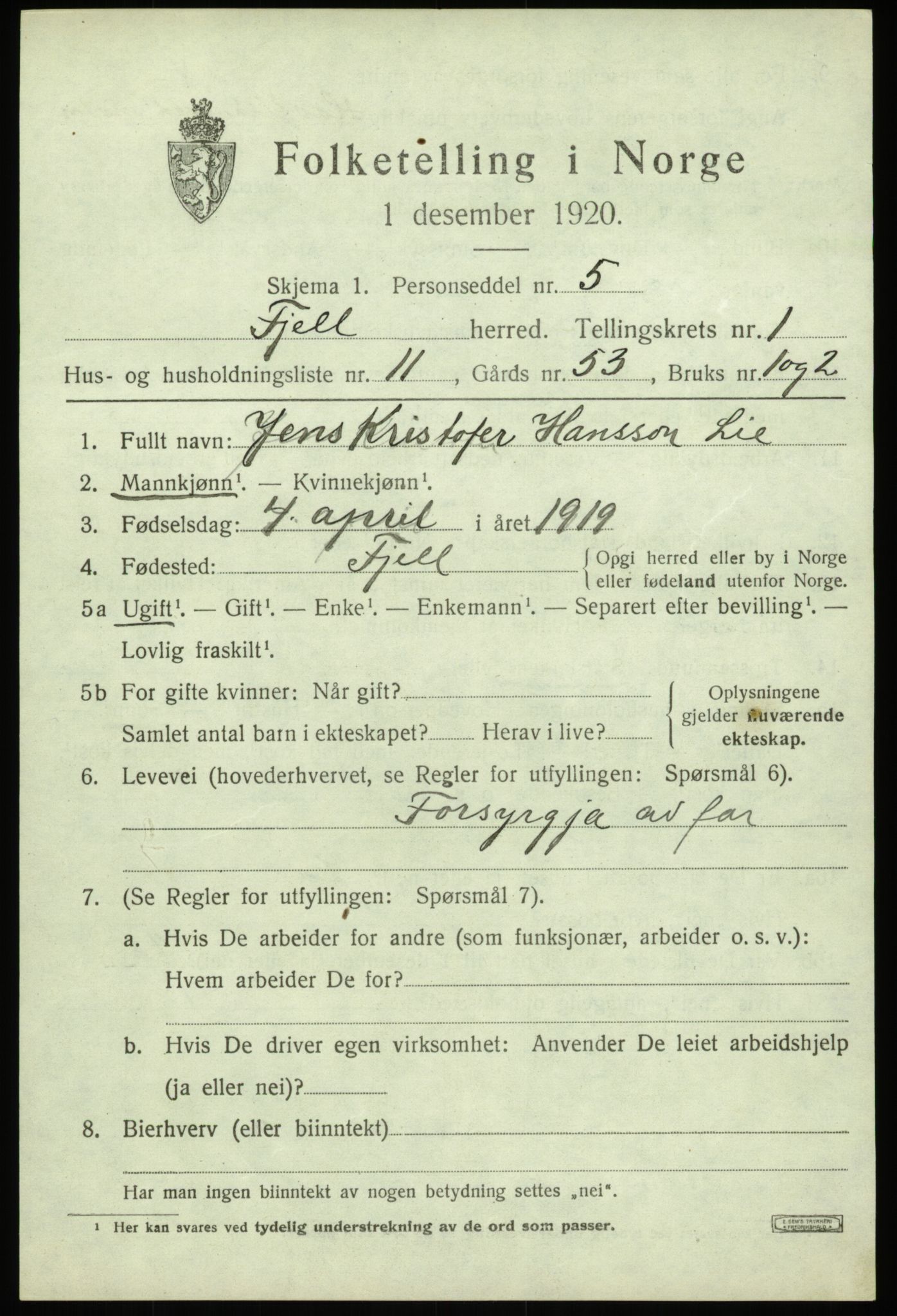 SAB, Folketelling 1920 for 1246 Fjell herred, 1920, s. 1596