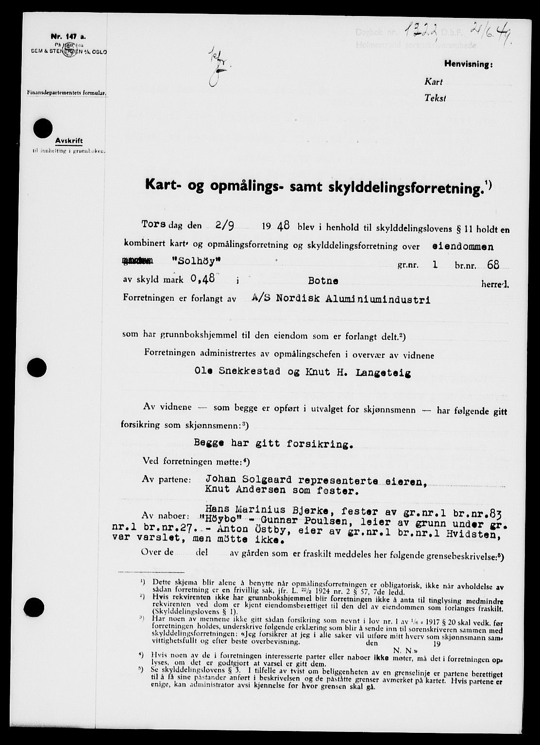 Holmestrand sorenskriveri, SAKO/A-67/G/Ga/Gaa/L0066: Pantebok nr. A-66, 1949-1949, Dagboknr: 1322/1949