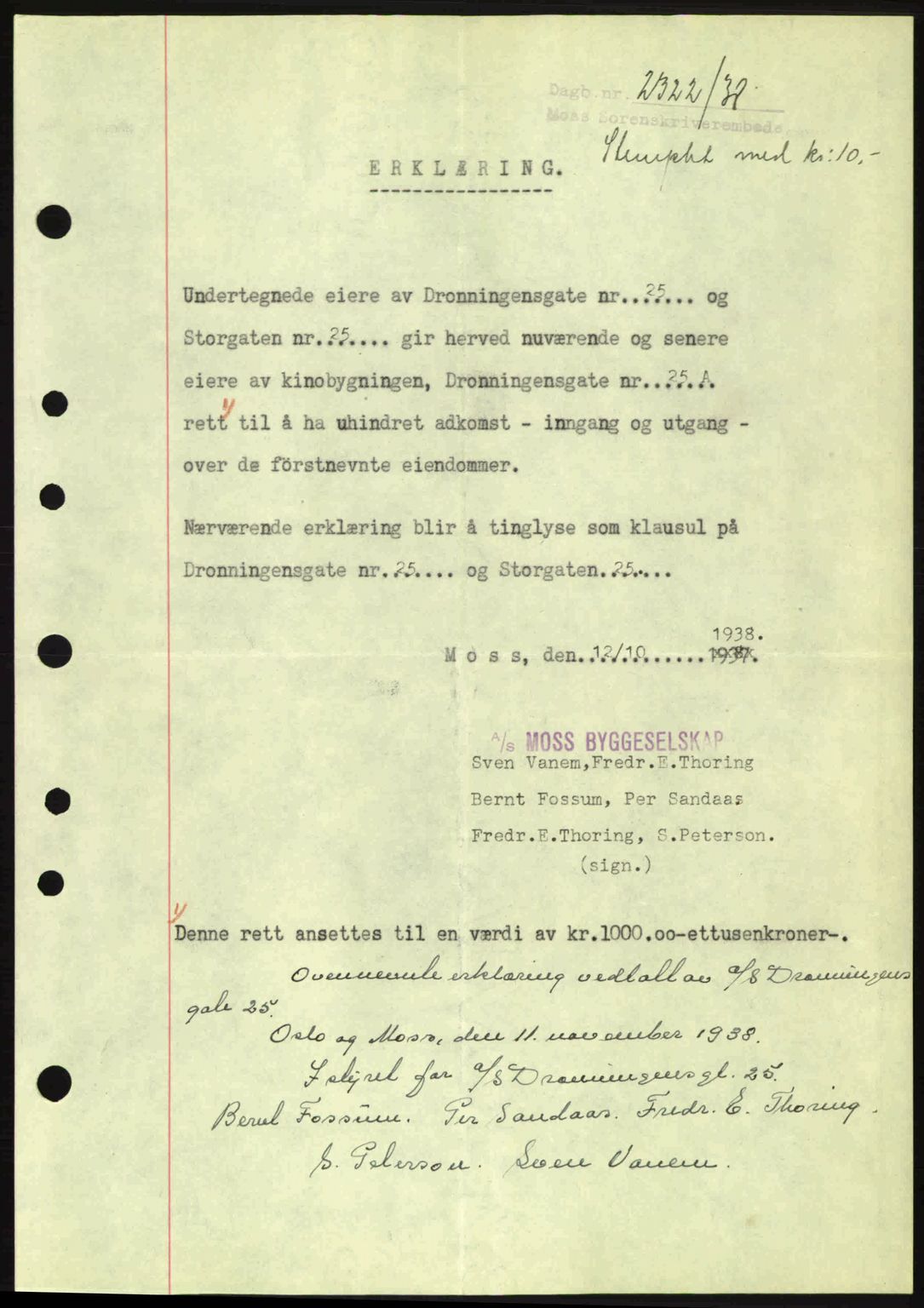 Moss sorenskriveri, SAO/A-10168: Pantebok nr. A5, 1938-1939, Dagboknr: 2322/1938