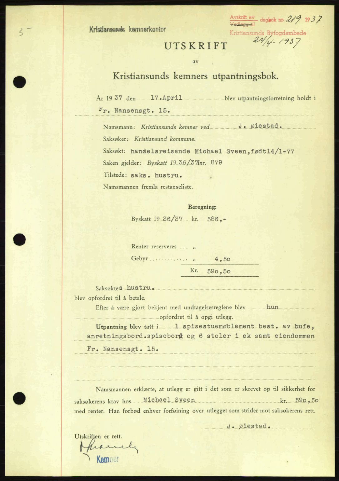 Kristiansund byfogd, SAT/A-4587/A/27: Pantebok nr. 29, 1936-1937, Dagboknr: 219/1937