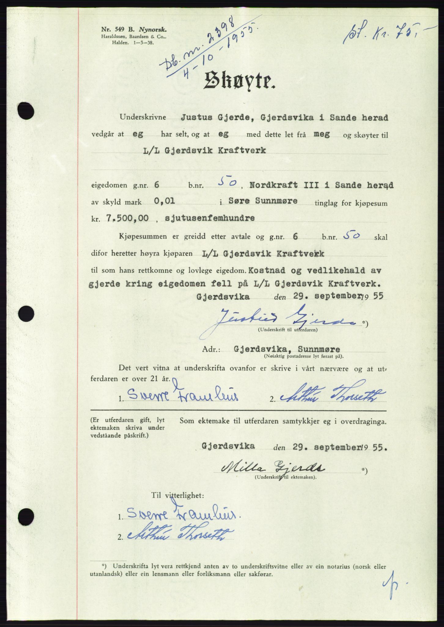 Søre Sunnmøre sorenskriveri, AV/SAT-A-4122/1/2/2C/L0102: Pantebok nr. 28A, 1955-1956, Dagboknr: 2398/1955