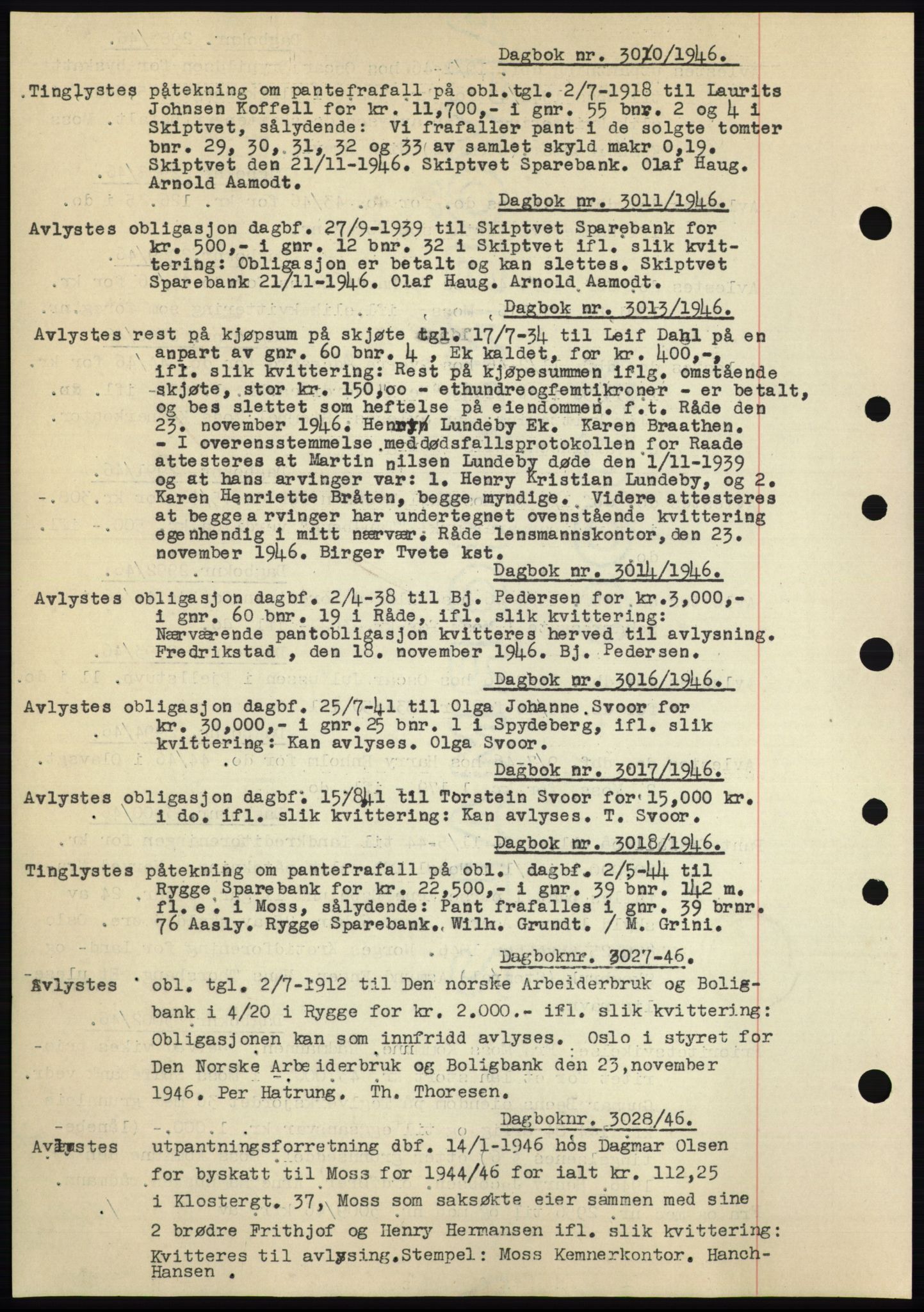 Moss sorenskriveri, SAO/A-10168: Pantebok nr. C10, 1938-1950, Dagboknr: 3010/1946