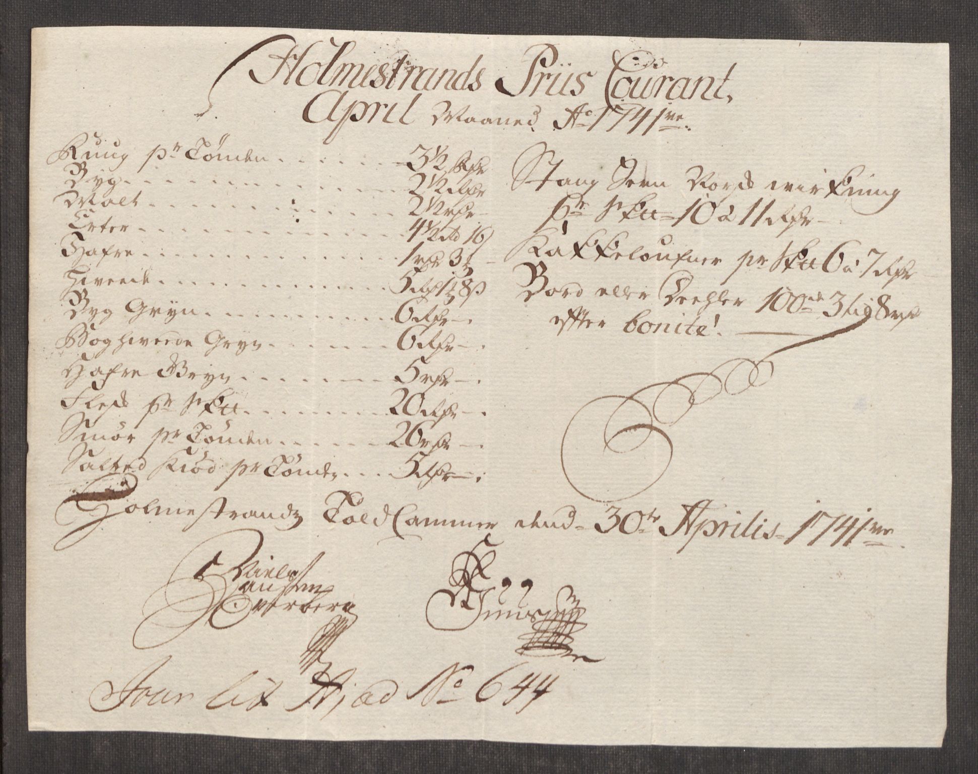 Rentekammeret inntil 1814, Realistisk ordnet avdeling, AV/RA-EA-4070/Oe/L0002: [Ø1]: Priskuranter, 1740-1744, s. 270
