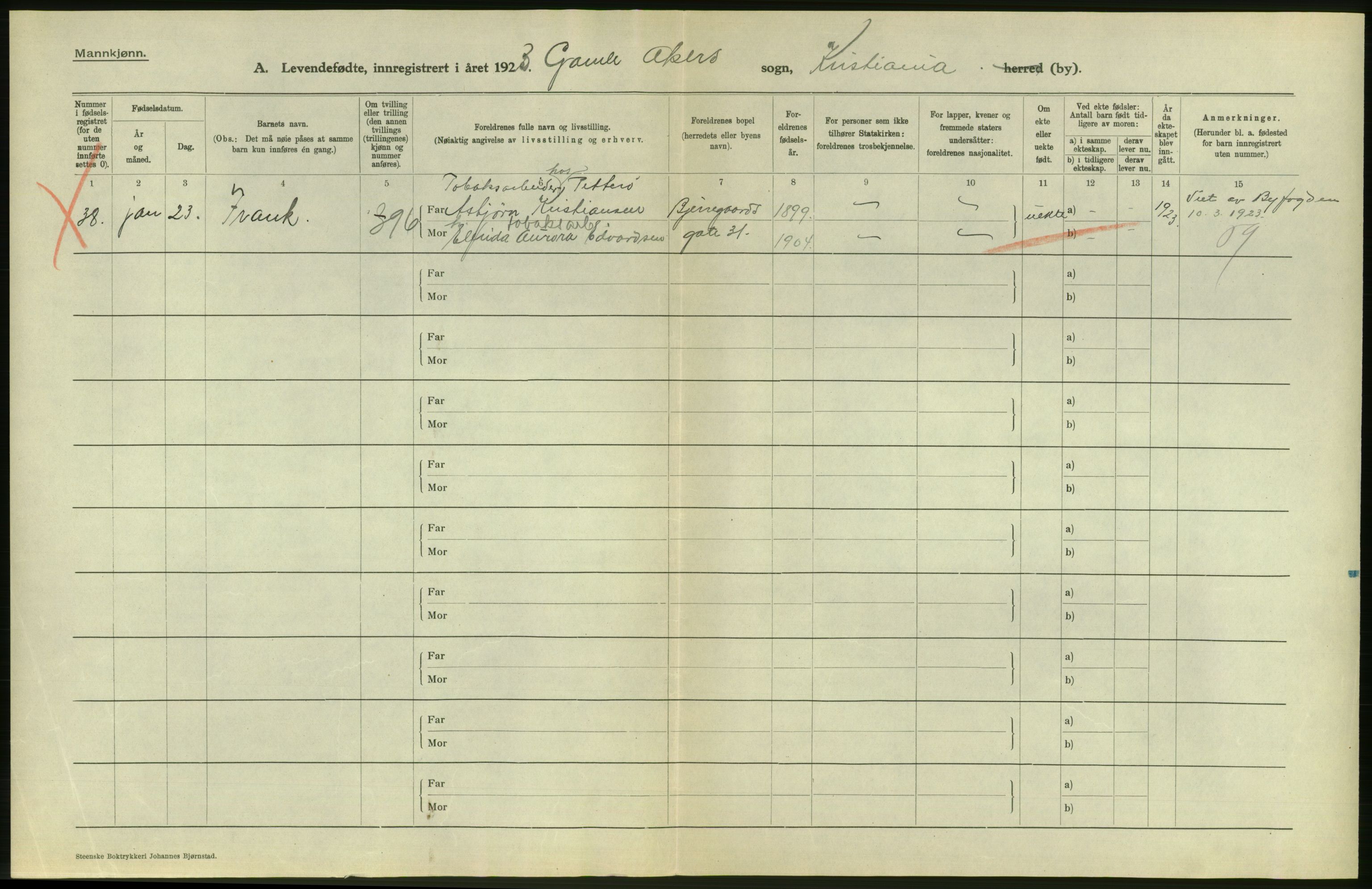 Statistisk sentralbyrå, Sosiodemografiske emner, Befolkning, AV/RA-S-2228/D/Df/Dfc/Dfcc/L0006: Kristiania: Levendefødte menn og kvinner., 1923, s. 14