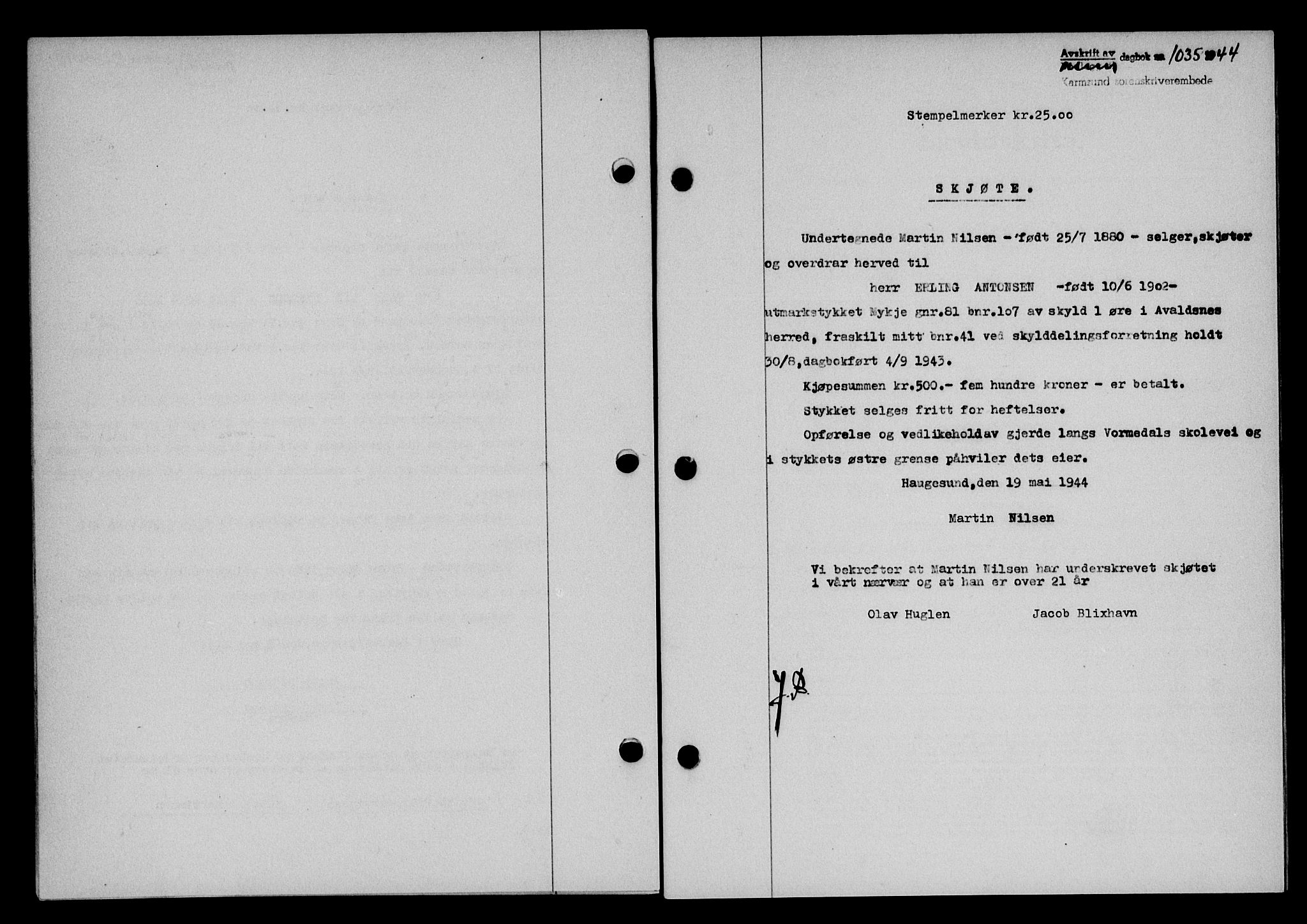 Karmsund sorenskriveri, SAST/A-100311/01/II/IIB/L0082: Pantebok nr. 63A, 1944-1944, Dagboknr: 1035/1944