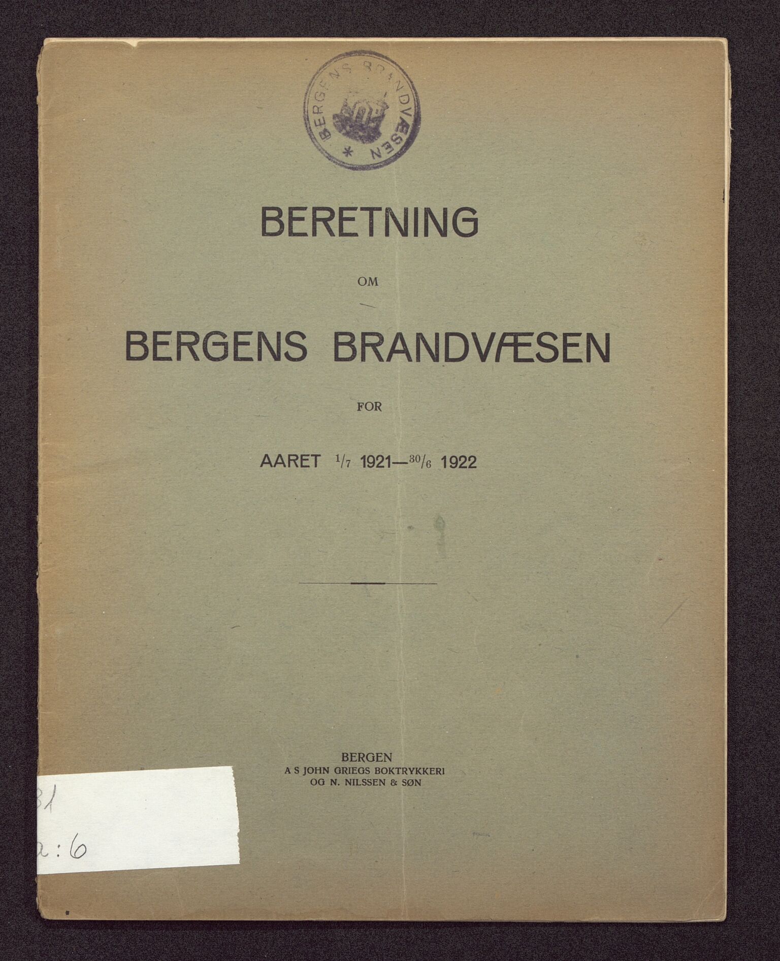 Bergen kommune. Brannvesenet (1863-1971), BBA/A-1181/X/Xa/L0006: Årsberetning, 1921-1922