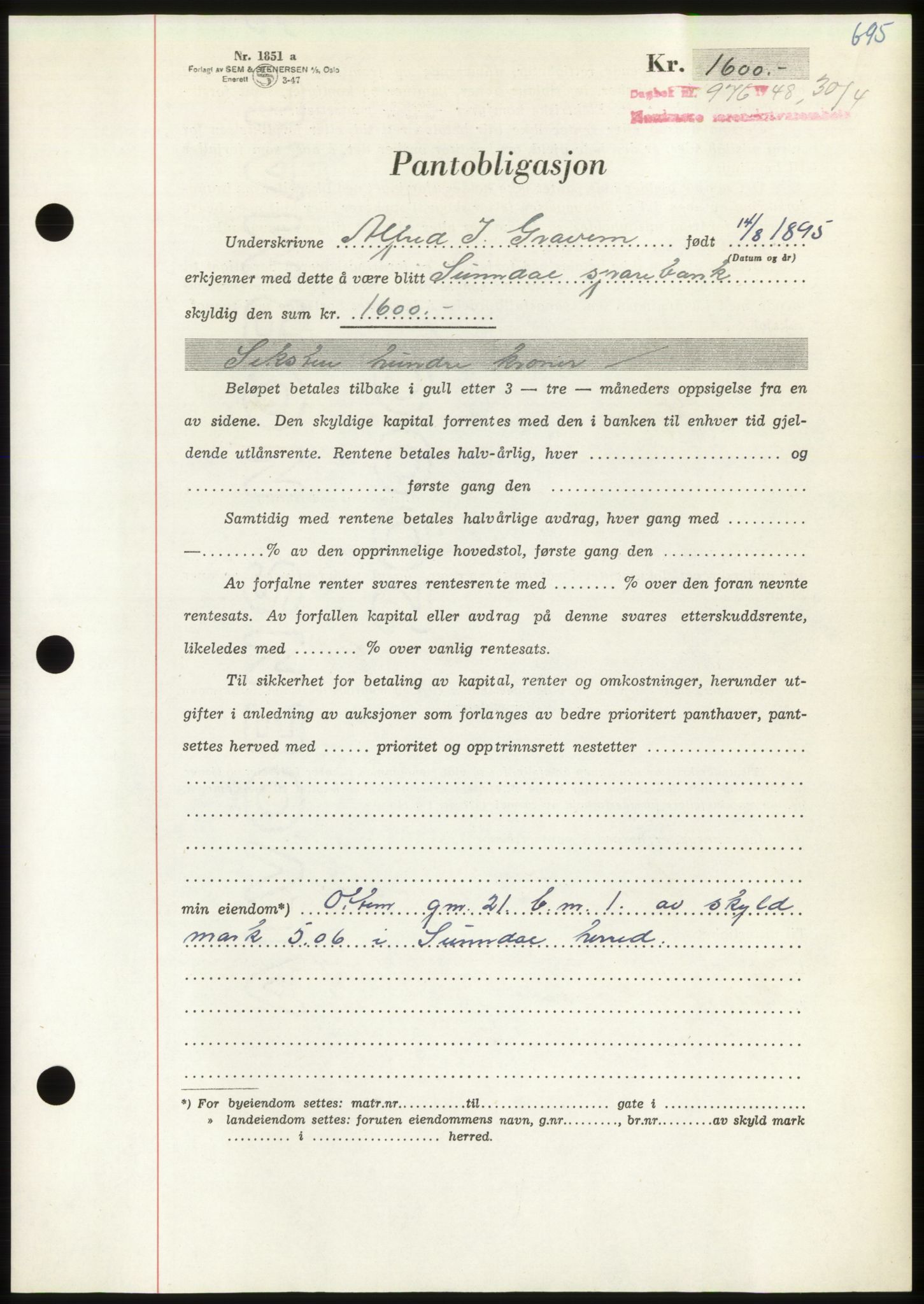 Nordmøre sorenskriveri, SAT/A-4132/1/2/2Ca: Pantebok nr. B98, 1948-1948, Dagboknr: 976/1948