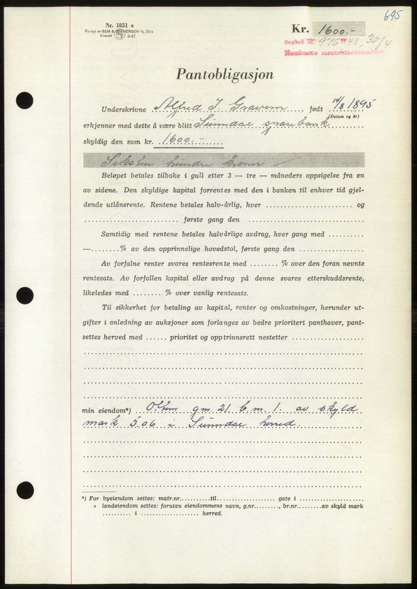 Nordmøre sorenskriveri, AV/SAT-A-4132/1/2/2Ca: Pantebok nr. B98, 1948-1948, Dagboknr: 976/1948