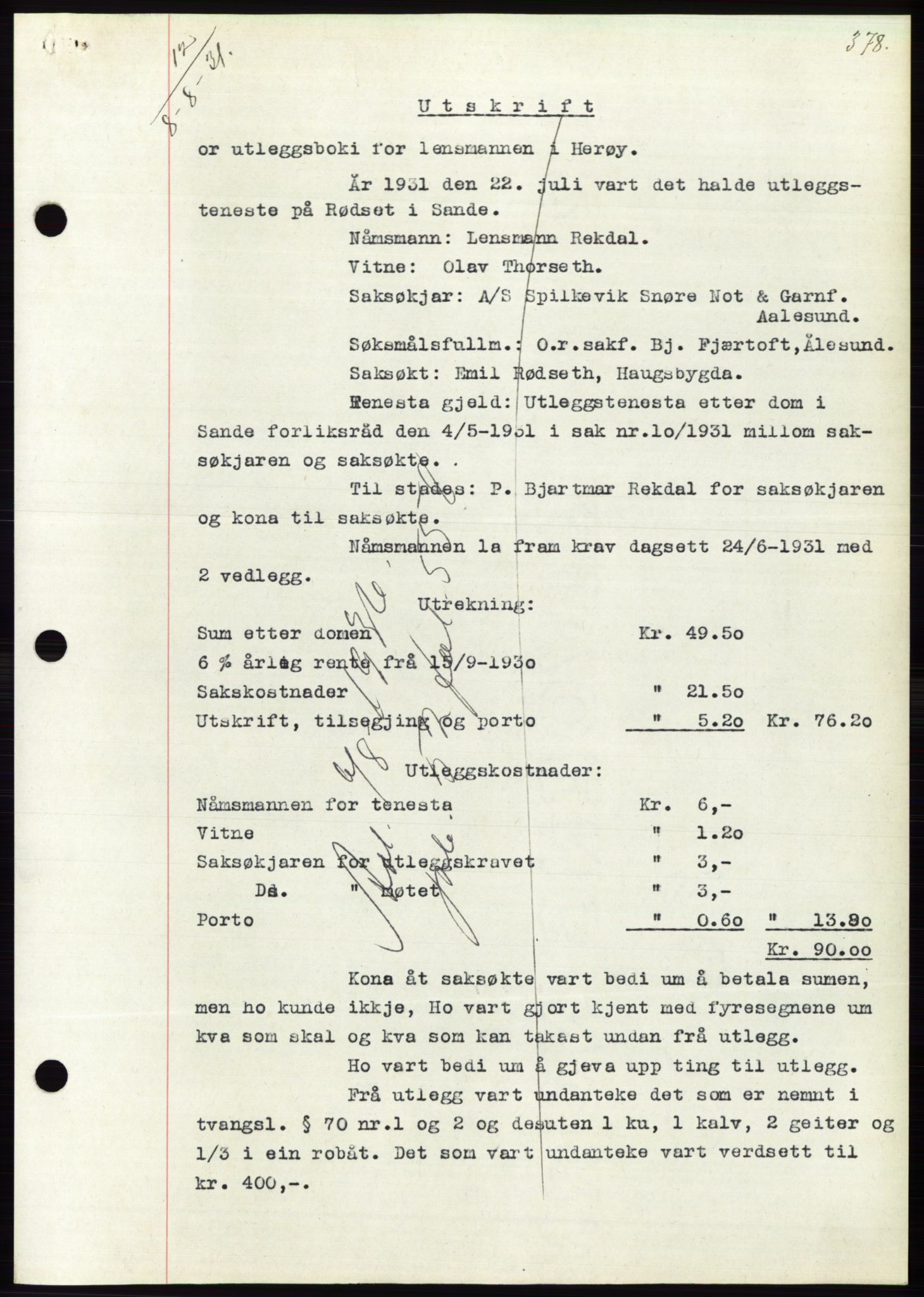 Søre Sunnmøre sorenskriveri, AV/SAT-A-4122/1/2/2C/L0052: Pantebok nr. 46, 1931-1931, Tingl.dato: 08.08.1931