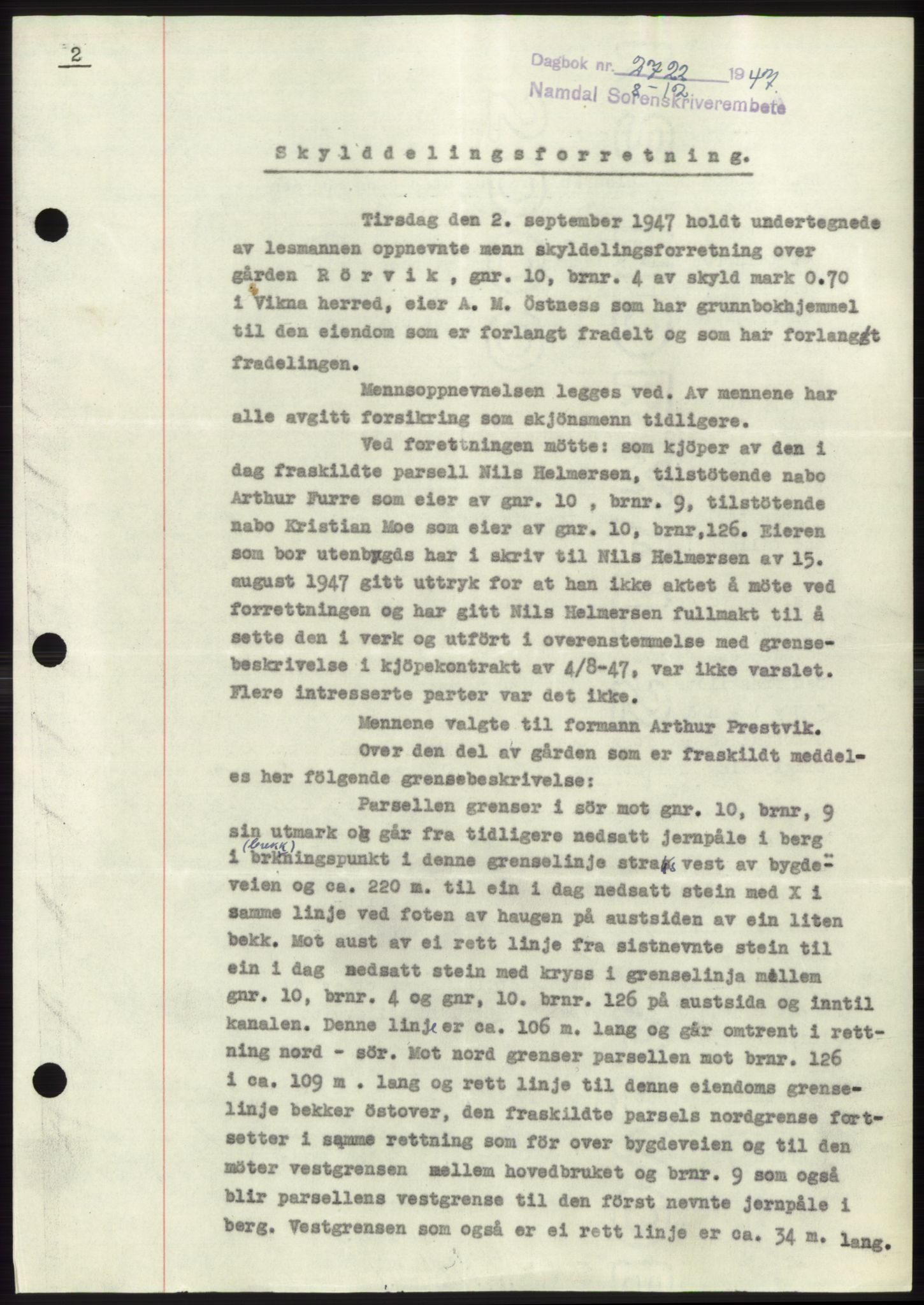 Namdal sorenskriveri, SAT/A-4133/1/2/2C: Pantebok nr. -, 1947-1948, Dagboknr: 2722/1947