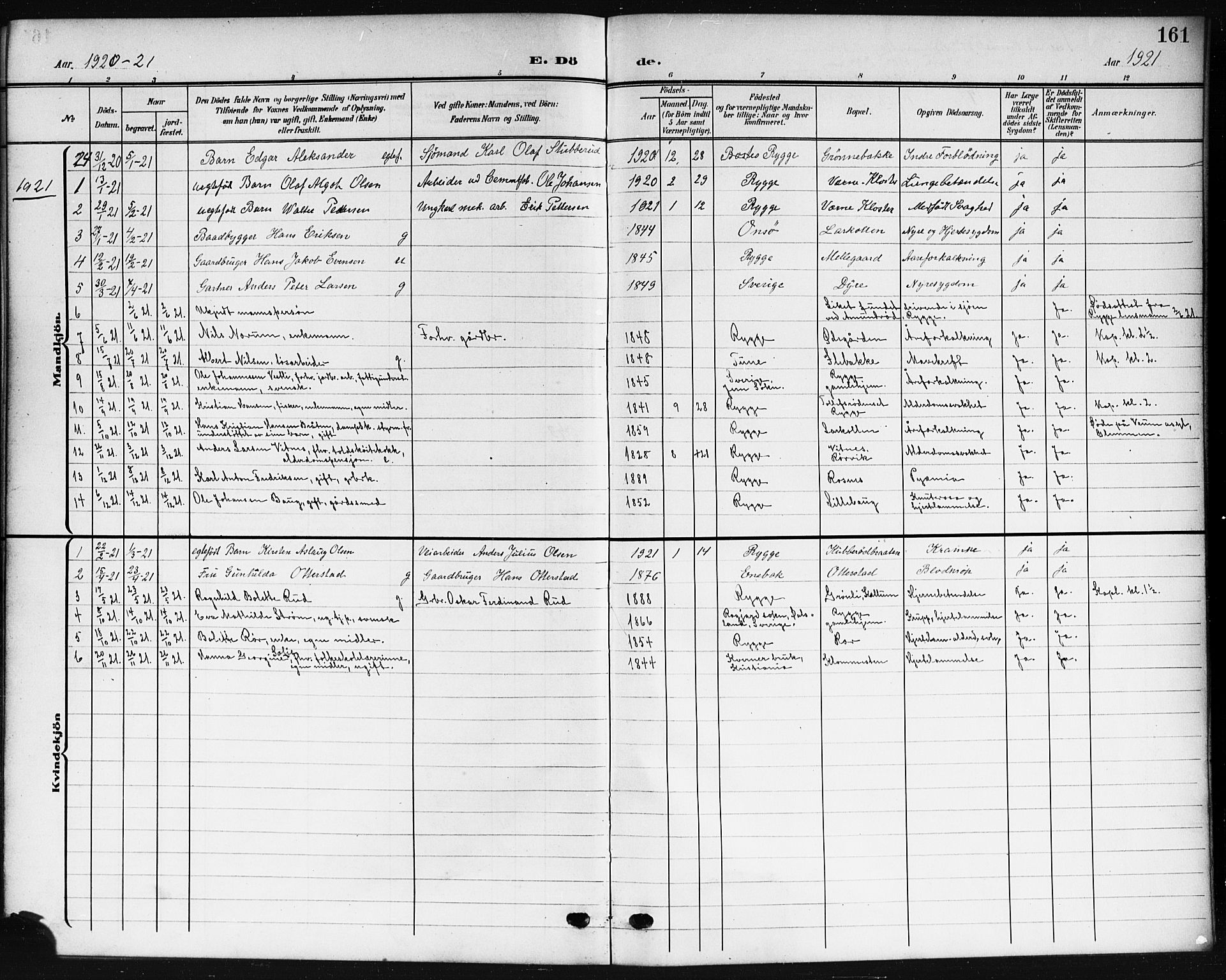 Rygge prestekontor Kirkebøker, AV/SAO-A-10084b/G/Ga/L0003: Klokkerbok nr. 3, 1906-1921, s. 161