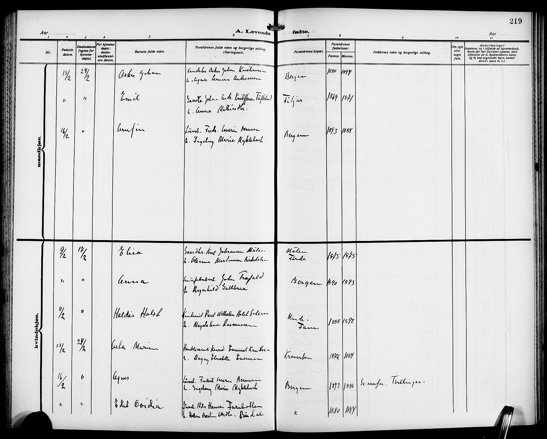 Fødselsstiftelsens sokneprestembete*, SAB/-: Klokkerbok nr. A 2, 1909-1916, s. 219