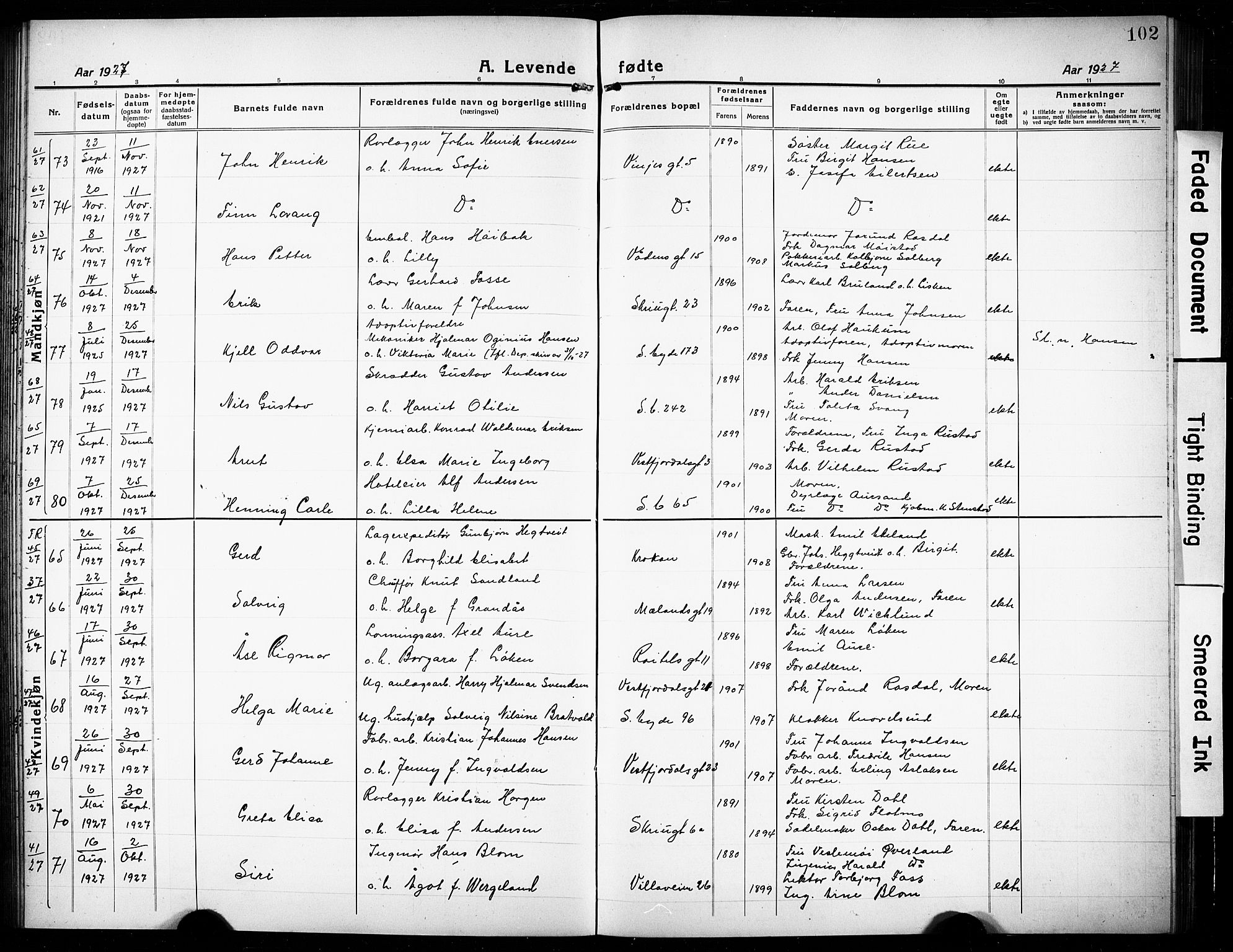 Rjukan kirkebøker, AV/SAKO-A-294/G/Ga/L0003: Klokkerbok nr. 3, 1920-1928, s. 102