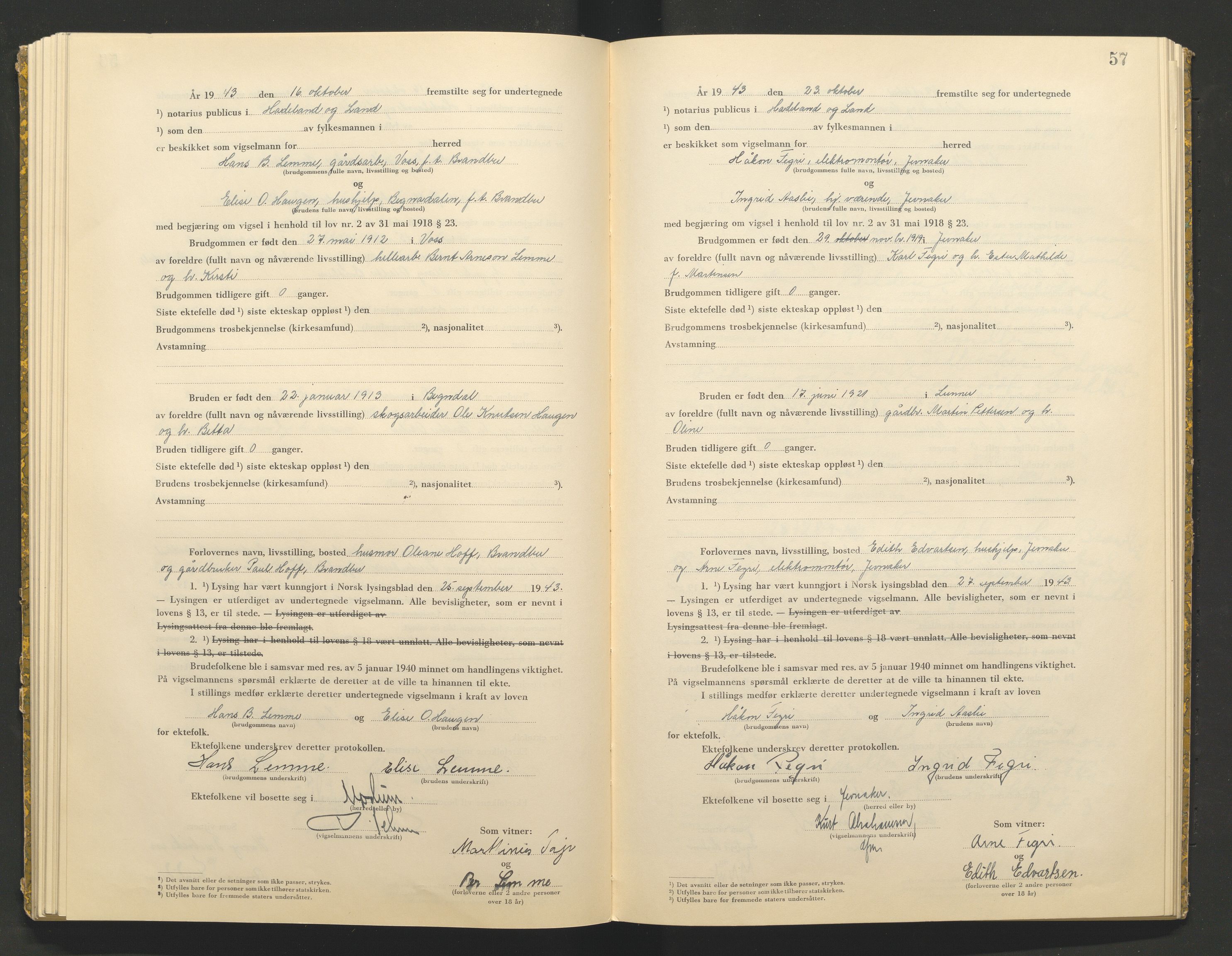 Hadeland og Land tingrett, AV/SAH-TING-010/L/Lb/L0002: Vigselbok, 1943-1944, s. 57