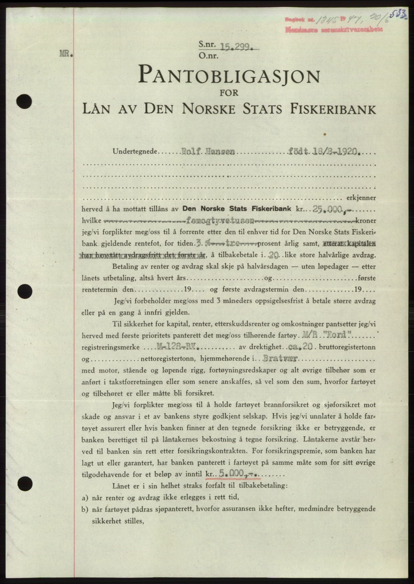 Nordmøre sorenskriveri, SAT/A-4132/1/2/2Ca: Pantebok nr. B96, 1947-1947, Dagboknr: 1345/1947