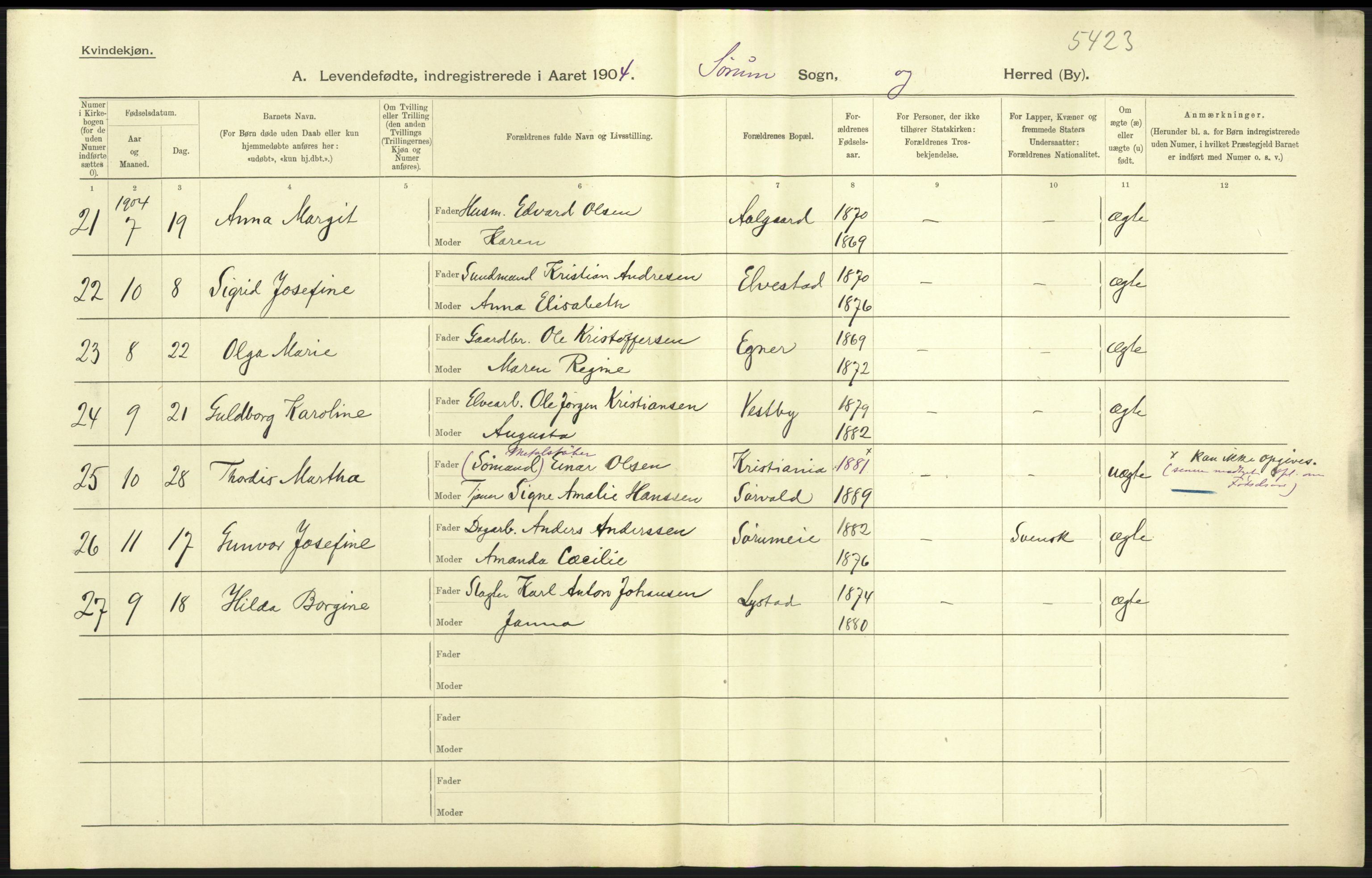 Statistisk sentralbyrå, Sosiodemografiske emner, Befolkning, AV/RA-S-2228/D/Df/Dfa/Dfab/L0002: Akershus amt: Fødte, gifte, døde, 1904, s. 67