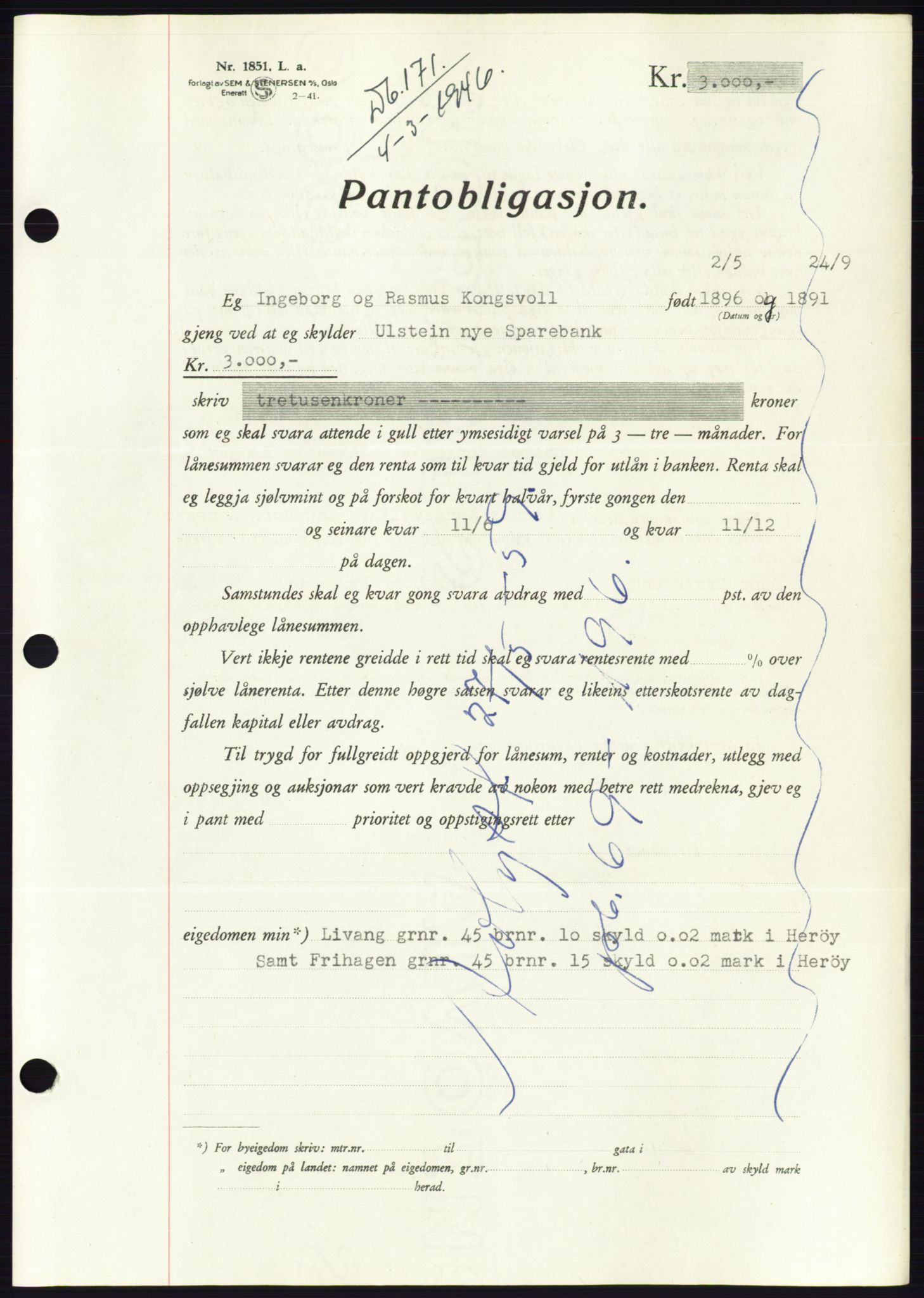 Søre Sunnmøre sorenskriveri, AV/SAT-A-4122/1/2/2C/L0114: Pantebok nr. 1-2B, 1943-1947, Dagboknr: 171/1946