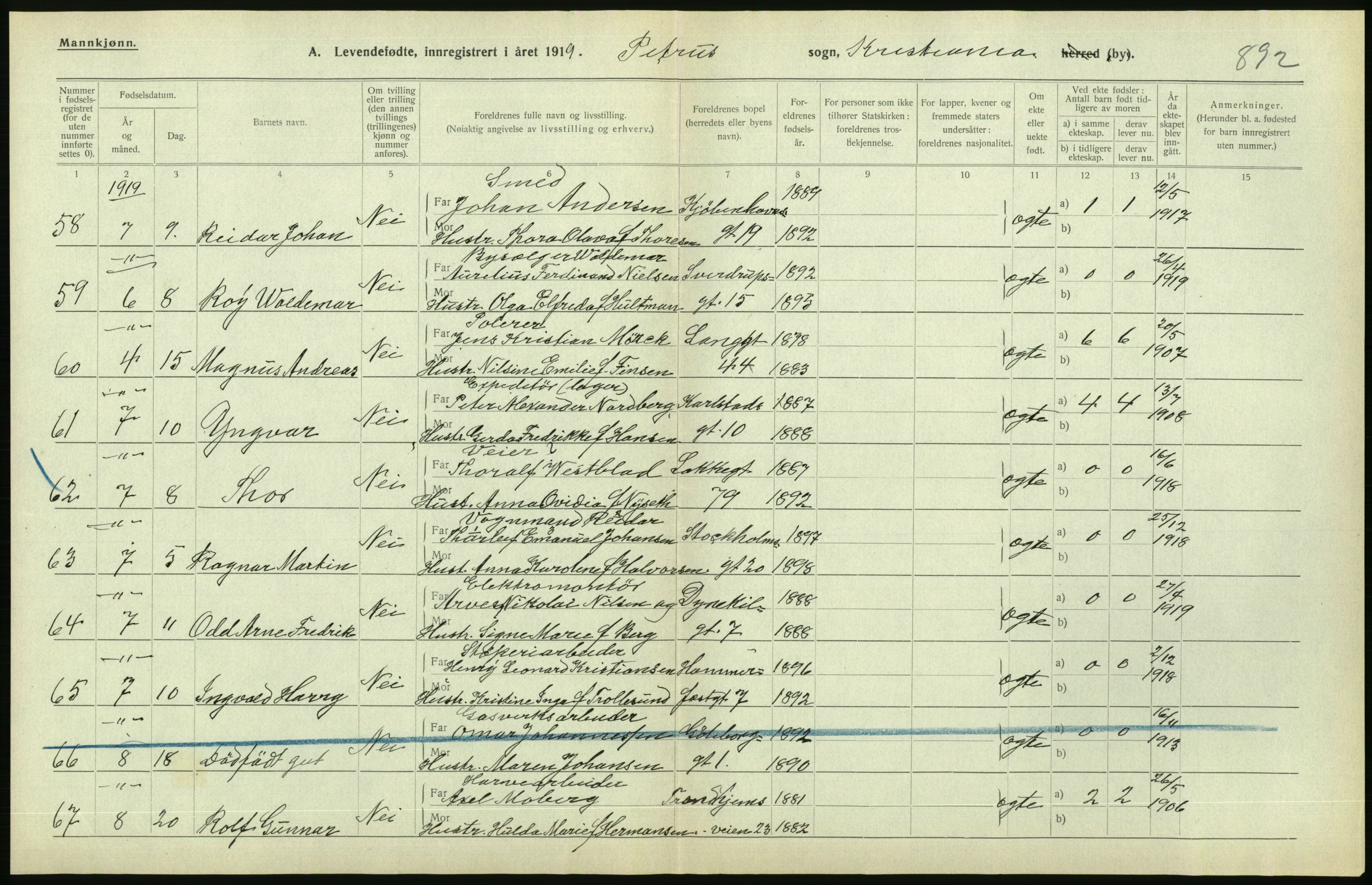 Statistisk sentralbyrå, Sosiodemografiske emner, Befolkning, AV/RA-S-2228/D/Df/Dfb/Dfbi/L0008: Kristiania: Levendefødte menn og kvinner., 1919