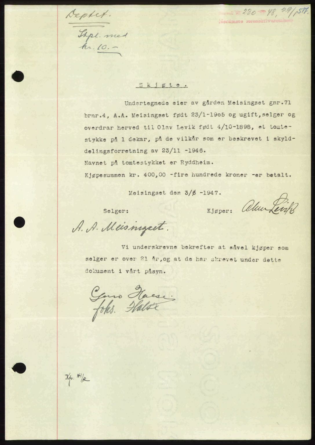 Nordmøre sorenskriveri, SAT/A-4132/1/2/2Ca: Pantebok nr. A107, 1947-1948, Dagboknr: 230/1948