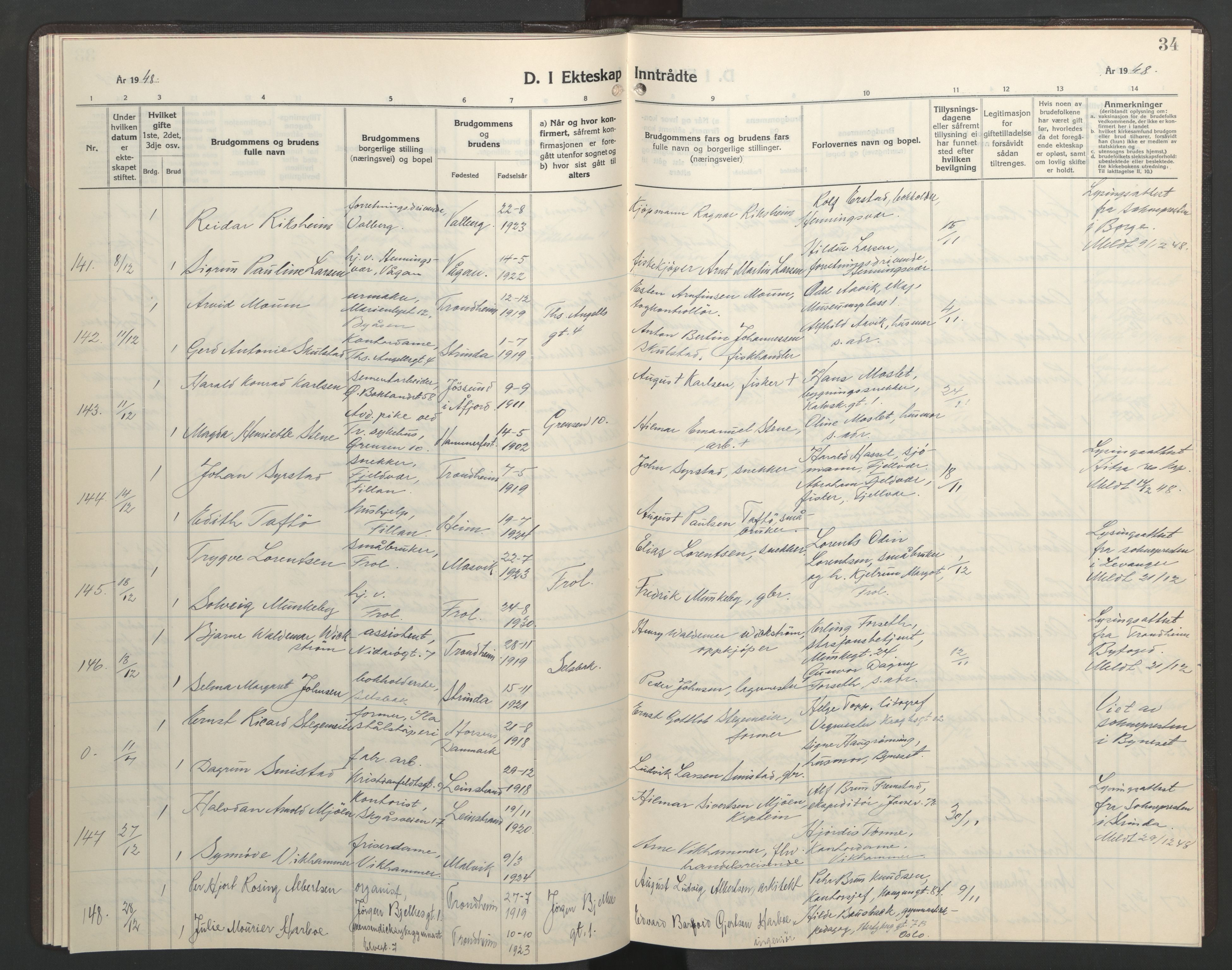 Ministerialprotokoller, klokkerbøker og fødselsregistre - Sør-Trøndelag, AV/SAT-A-1456/602/L0155: Klokkerbok nr. 602C23, 1947-1950, s. 34