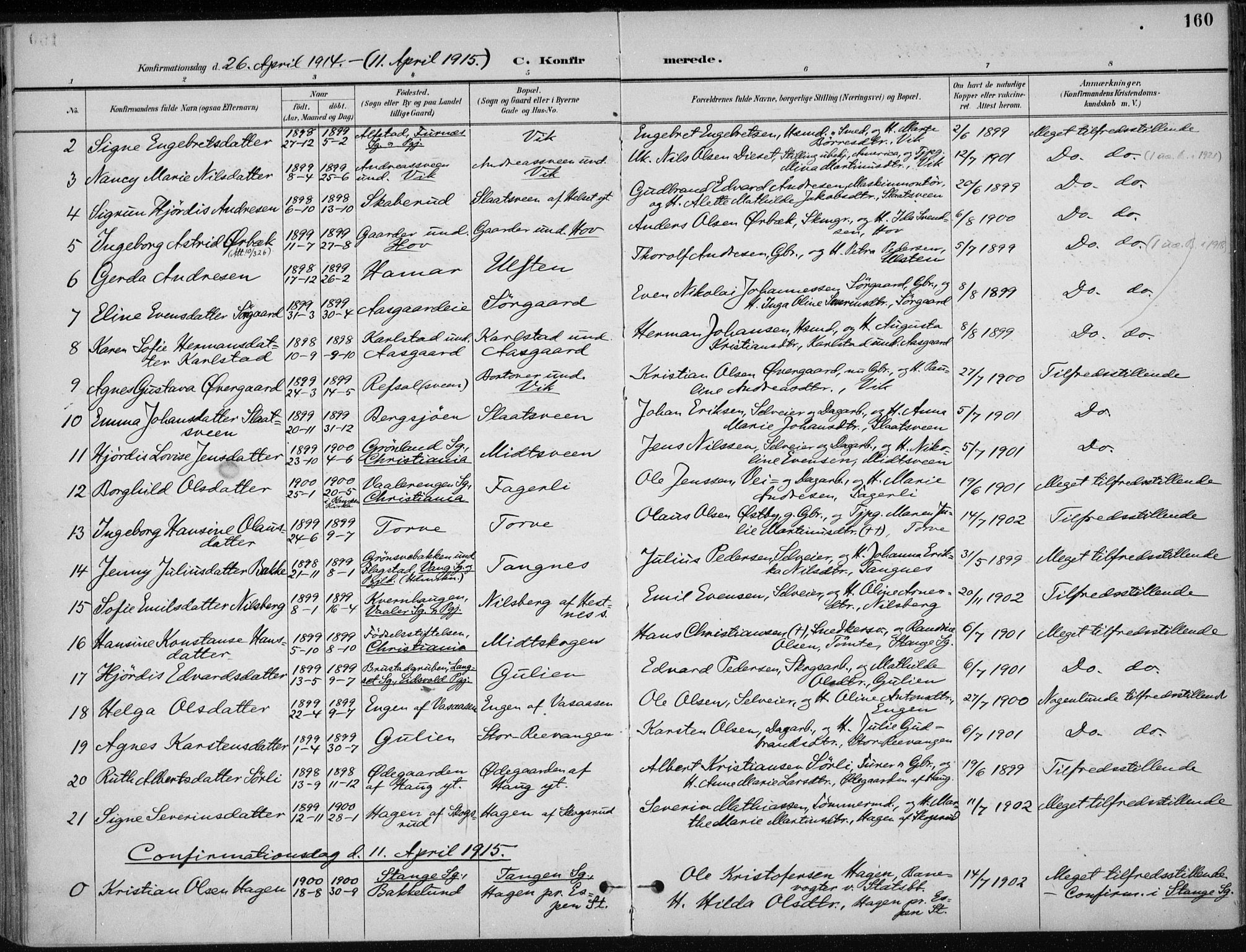 Stange prestekontor, AV/SAH-PREST-002/K/L0023: Ministerialbok nr. 23, 1897-1920, s. 160