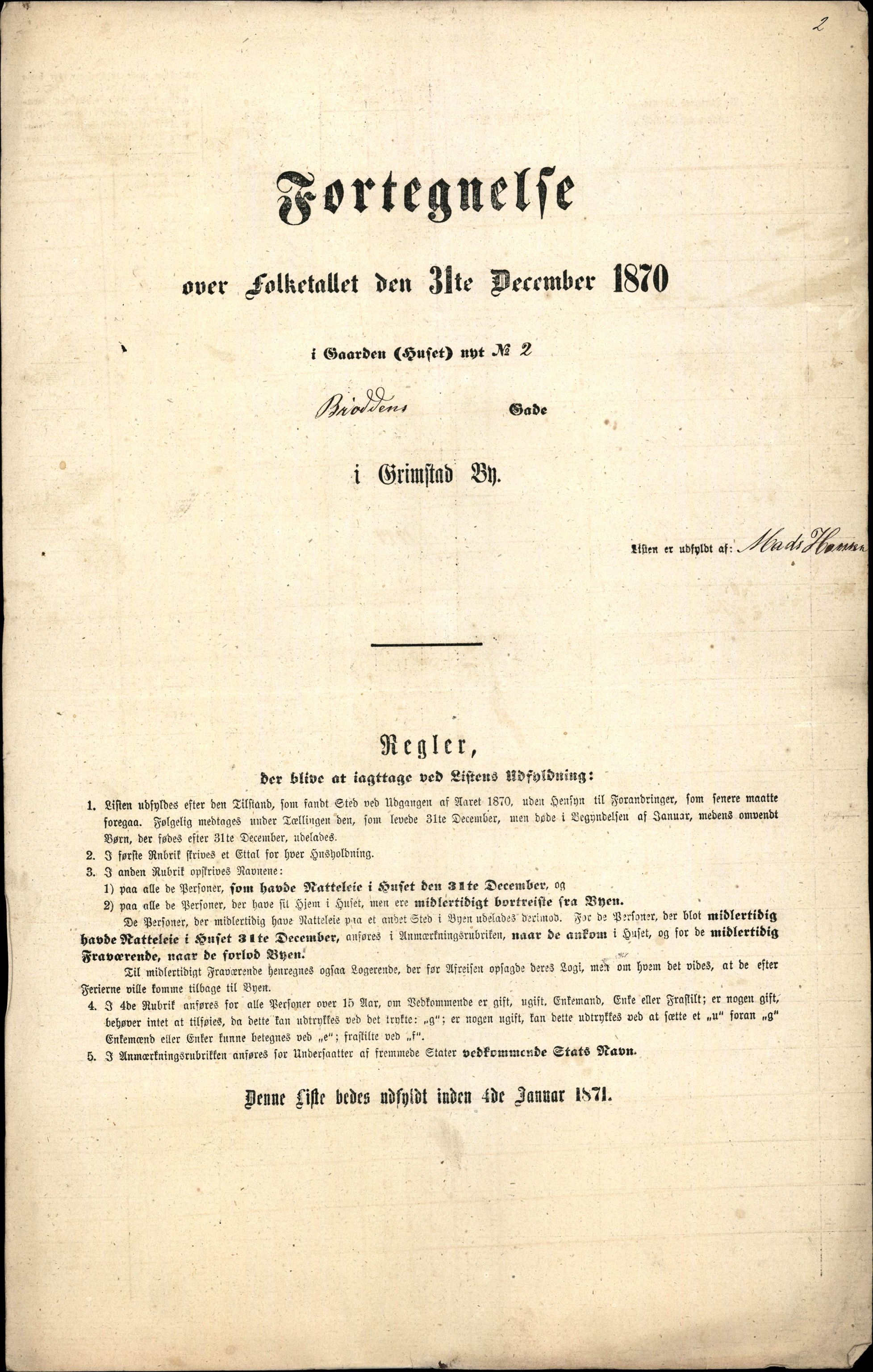 RA, Folketelling 1870 for 0904 Grimstad kjøpstad, 1870, s. 4