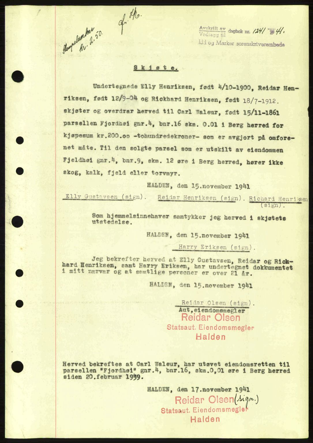 Idd og Marker sorenskriveri, AV/SAO-A-10283/G/Gb/Gbb/L0004: Pantebok nr. A4, 1940-1941, Dagboknr: 1241/1941