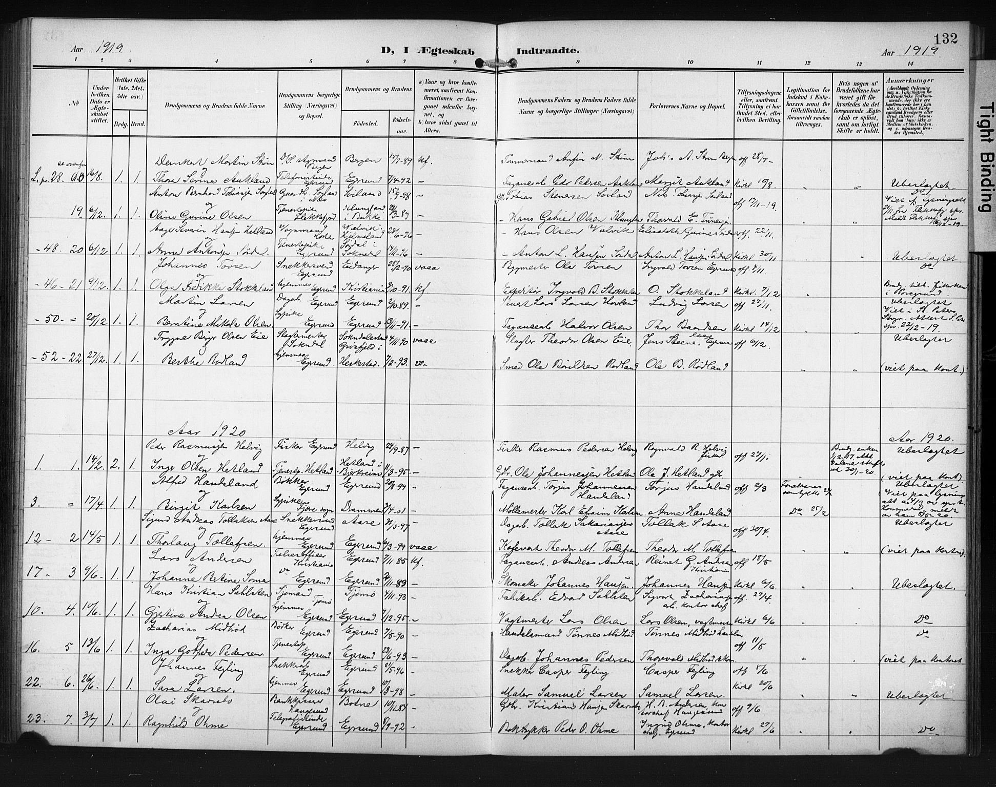 Eigersund sokneprestkontor, AV/SAST-A-101807/S09/L0012: Klokkerbok nr. B 12, 1908-1930, s. 132