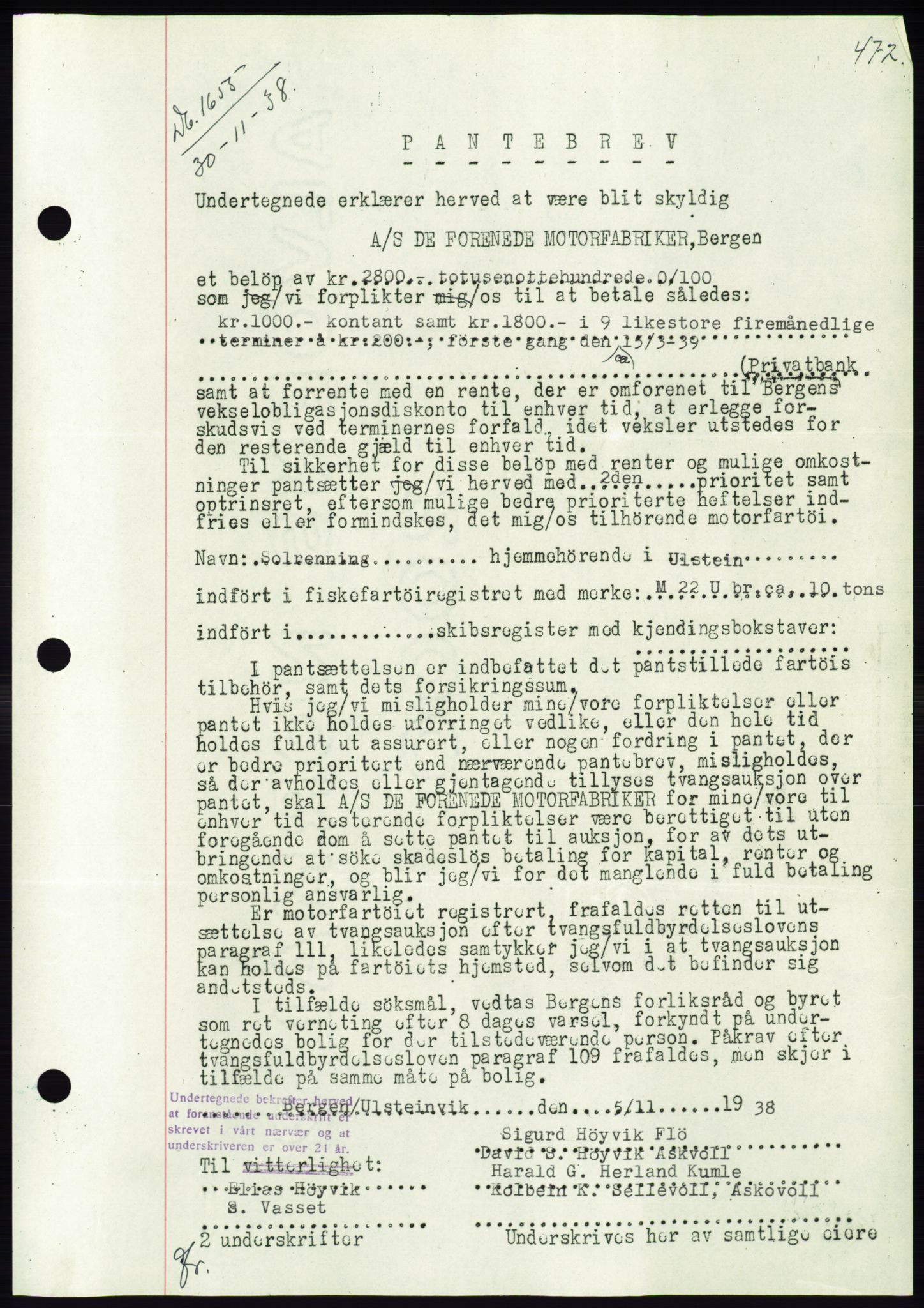 Søre Sunnmøre sorenskriveri, AV/SAT-A-4122/1/2/2C/L0066: Pantebok nr. 60, 1938-1938, Dagboknr: 1655/1938