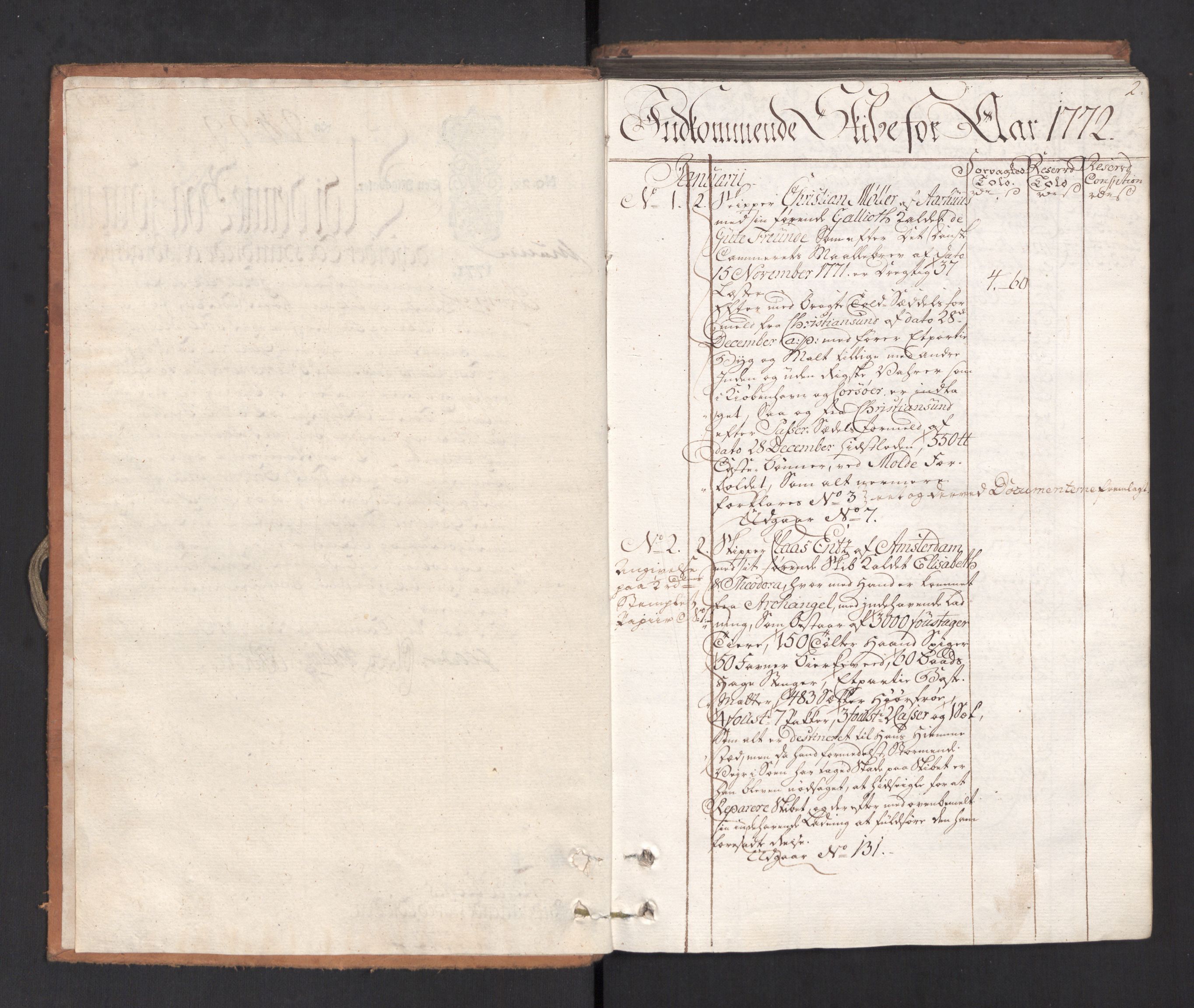 Generaltollkammeret, tollregnskaper, AV/RA-EA-5490/R33/L0114/0001: Tollregnskaper Trondheim A / Inngående hovedtollbok, 1772