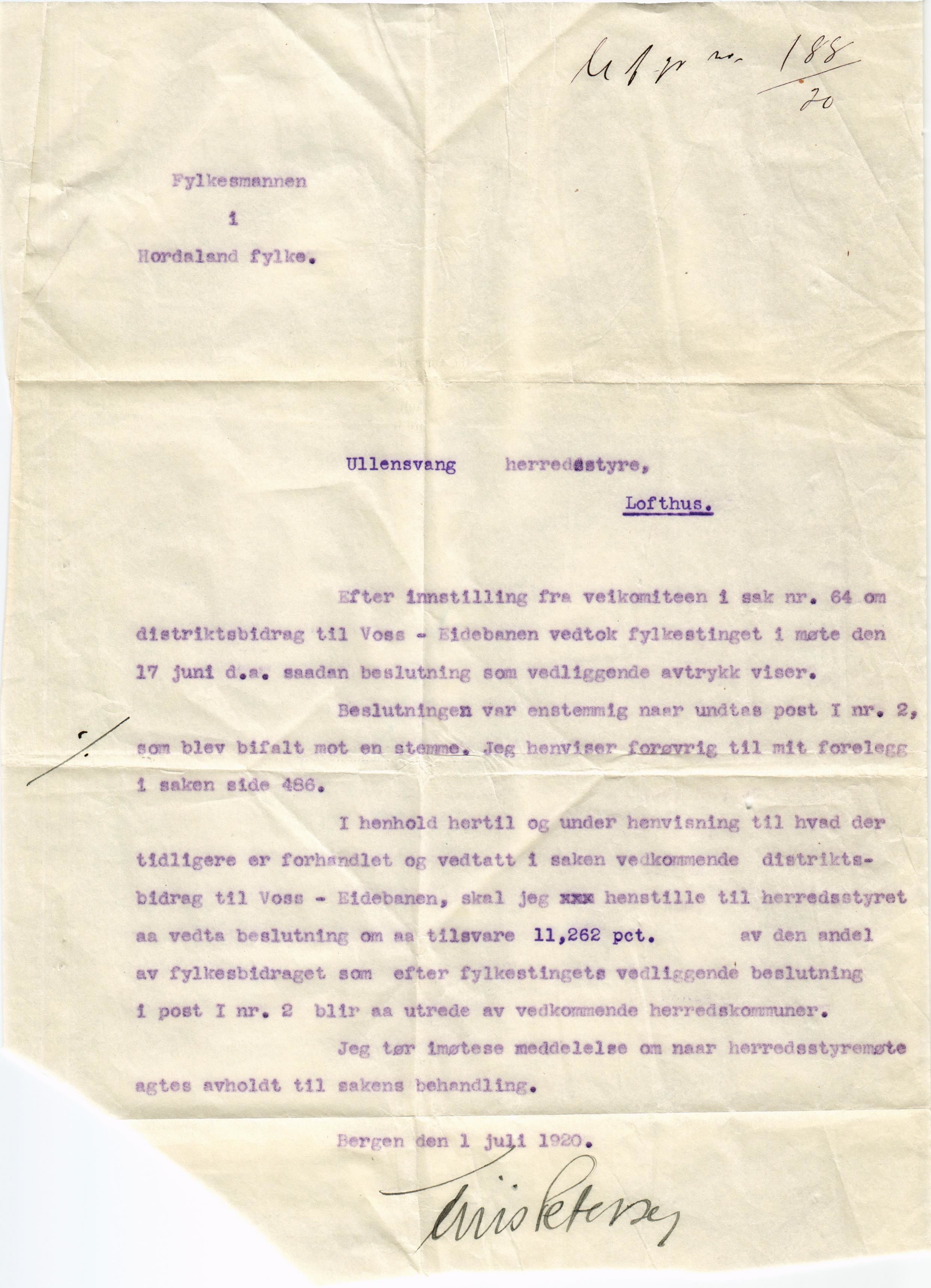 Ullensvang herad. Formannskapet , IKAH/1231b-021/E/Ea/L0009/0006: Emneordna, sideordna korrespondanse  / Jernbane i Voss-Eide , 1920-1921