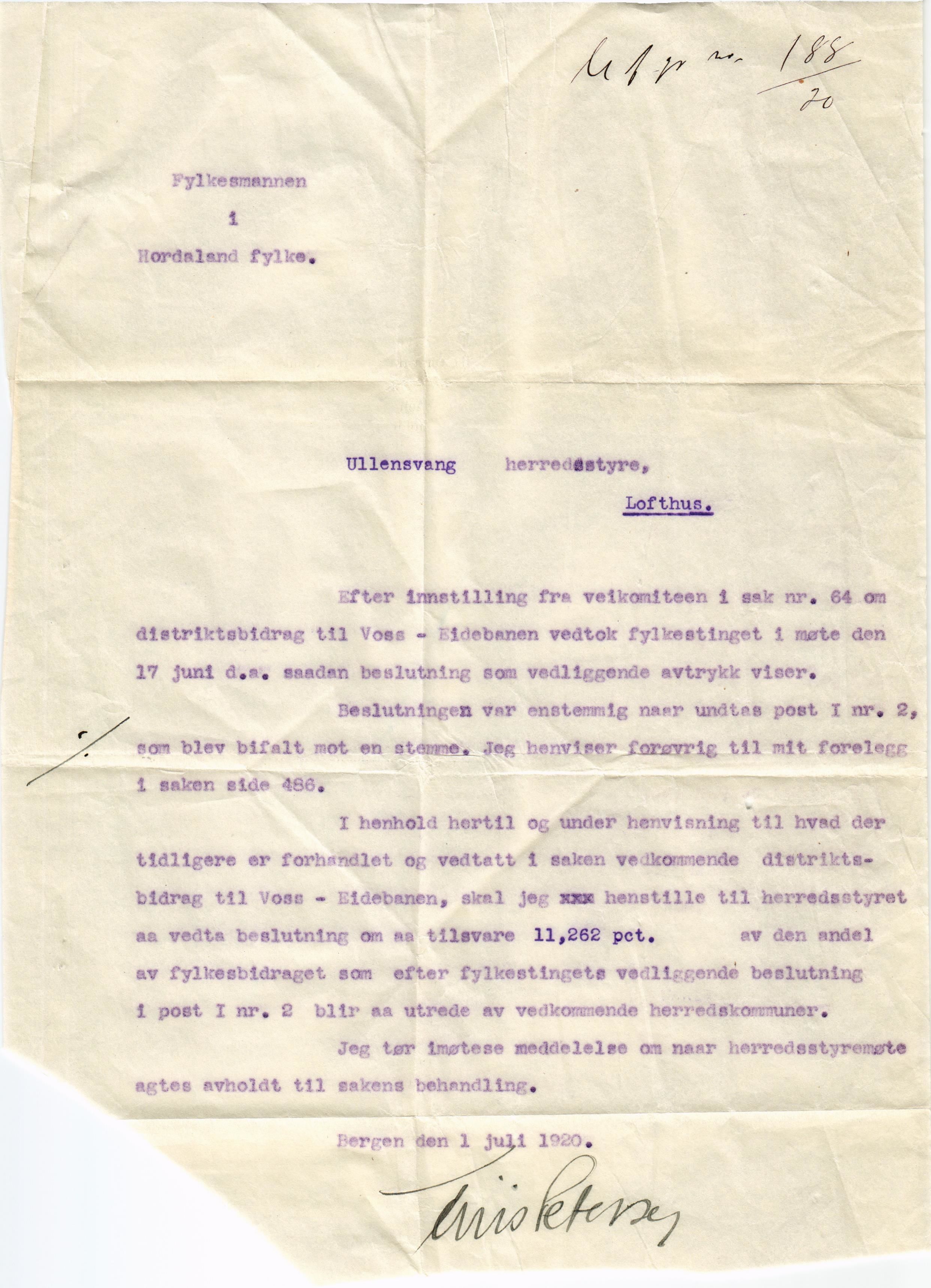 Ullensvang herad. Formannskapet , IKAH/1231b-021/E/Ea/L0009/0006: Emneordna, sideordna korrespondanse  / Jernbane i Voss-Eide , 1920-1921