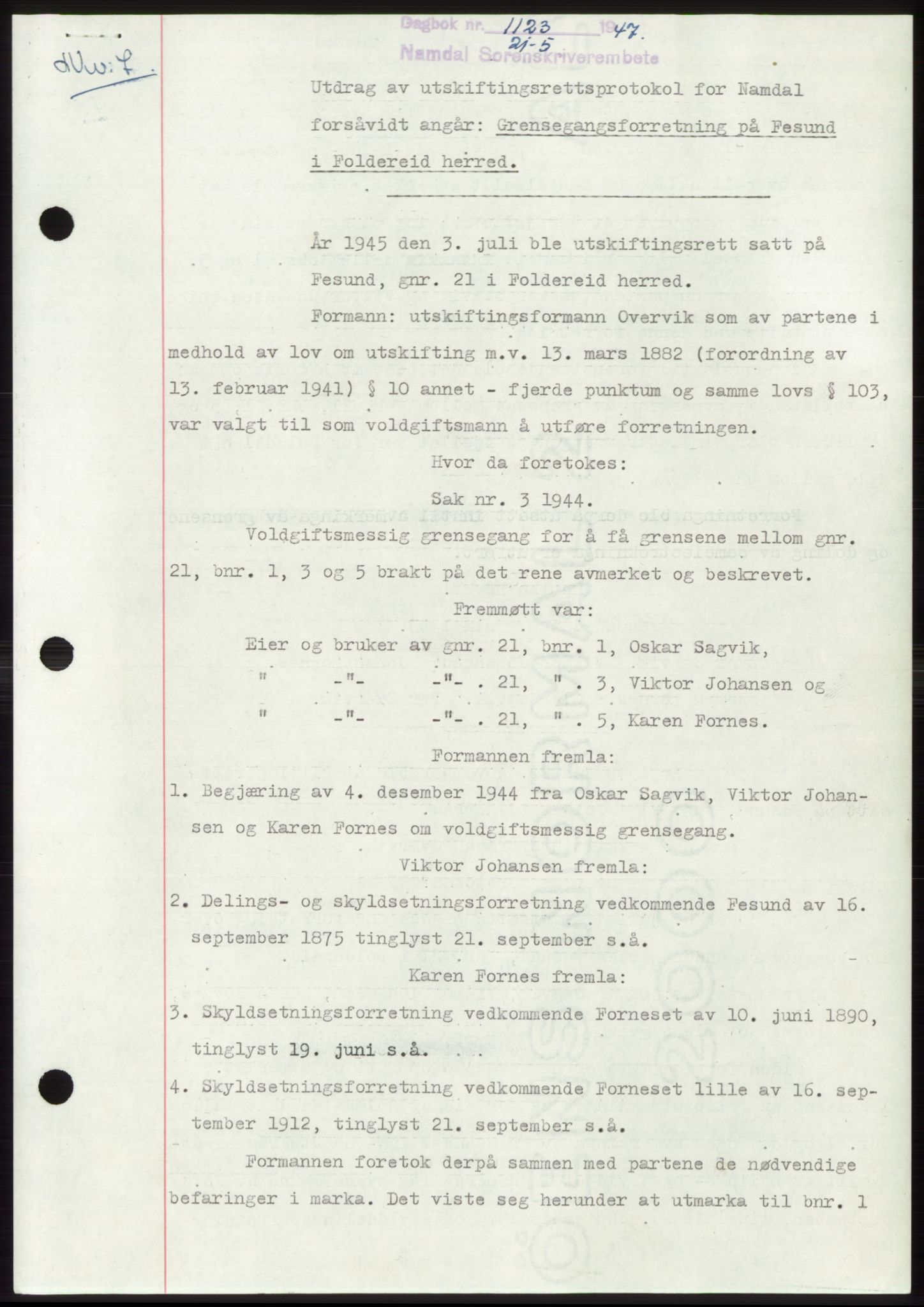 Namdal sorenskriveri, SAT/A-4133/1/2/2C: Pantebok nr. -, 1947-1947, Dagboknr: 1123/1947