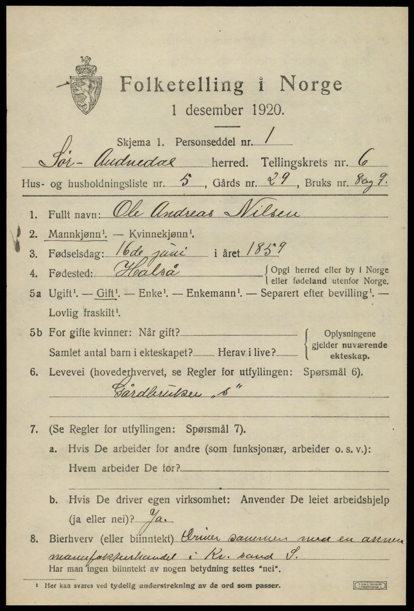 SAK, Folketelling 1920 for 1029 Sør-Audnedal herred, 1920, s. 2733
