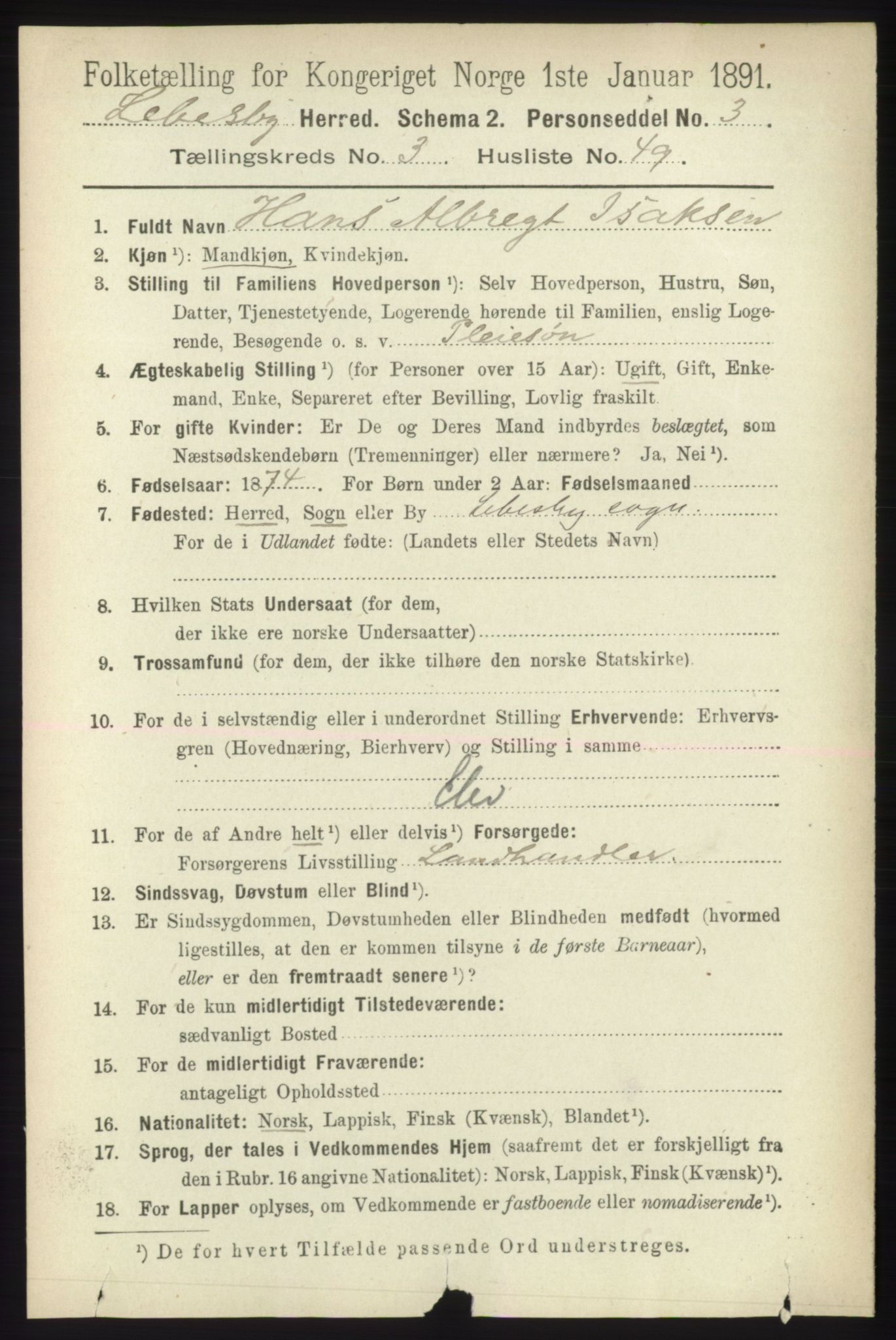 RA, Folketelling 1891 for 2022 Lebesby herred, 1891, s. 1037