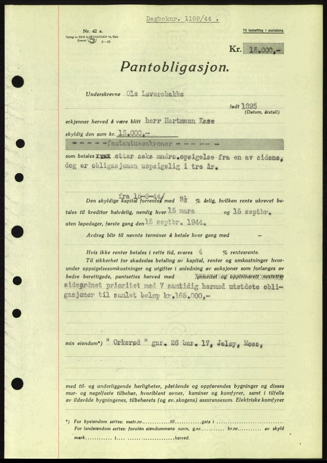 Moss sorenskriveri, SAO/A-10168: Pantebok nr. B13, 1943-1945, Dagboknr: 1189/1944