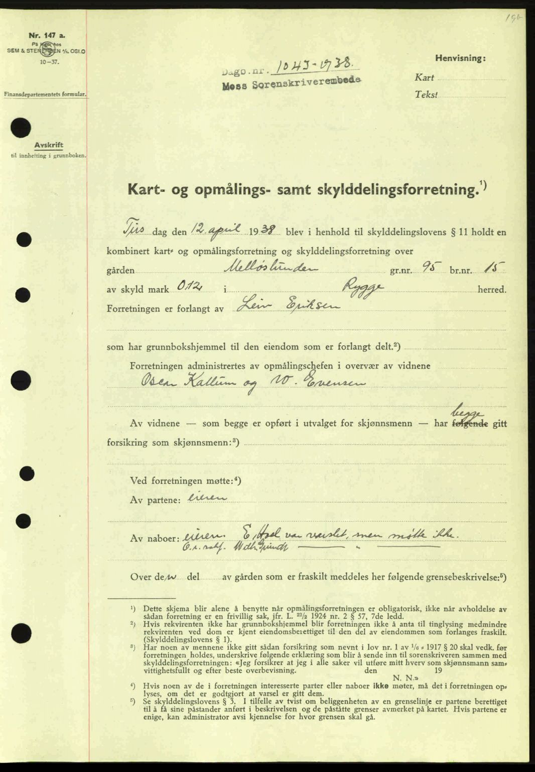 Moss sorenskriveri, SAO/A-10168: Pantebok nr. A4, 1938-1938, Dagboknr: 1043/1938
