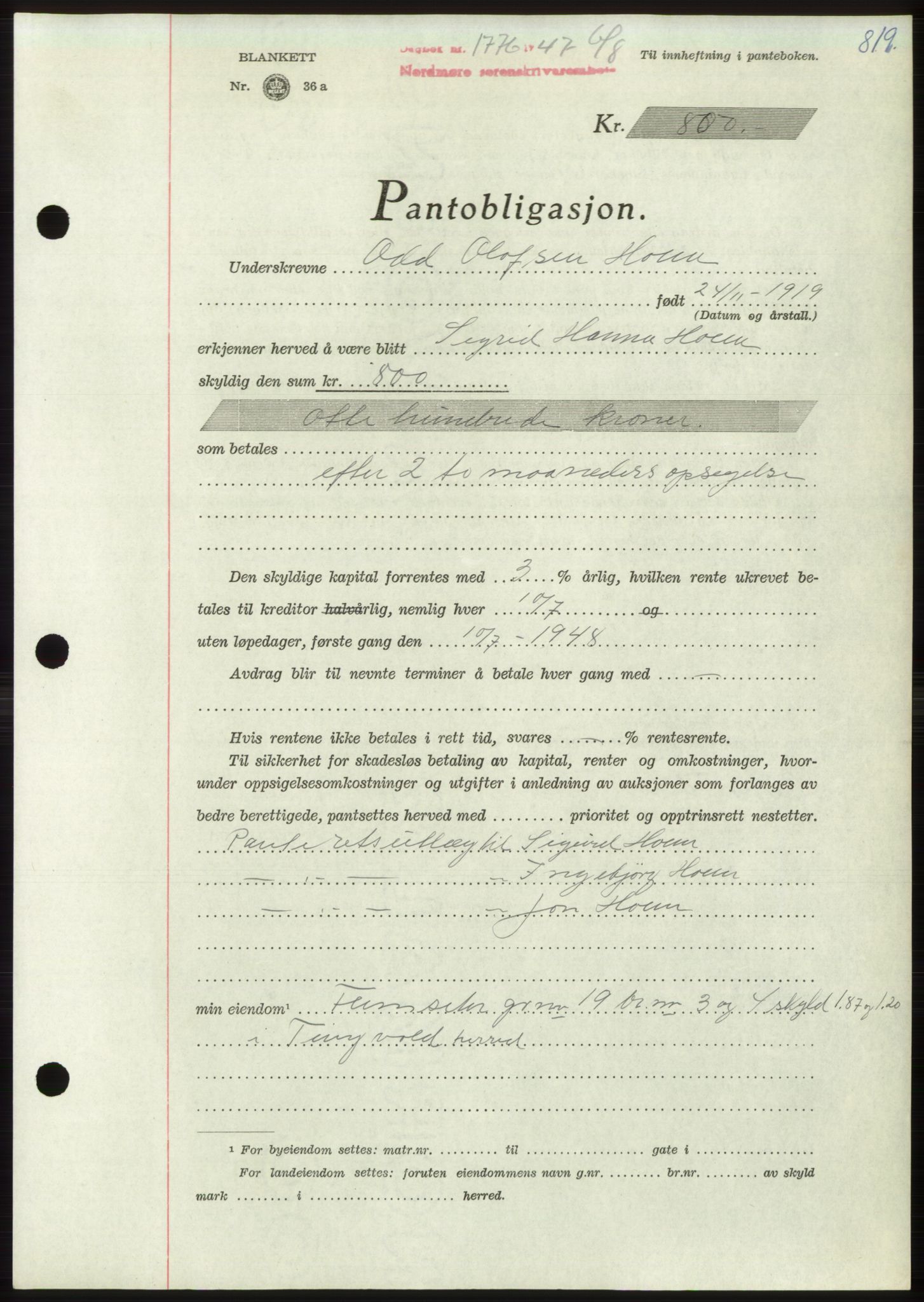 Nordmøre sorenskriveri, SAT/A-4132/1/2/2Ca: Pantebok nr. B96, 1947-1947, Dagboknr: 1776/1947