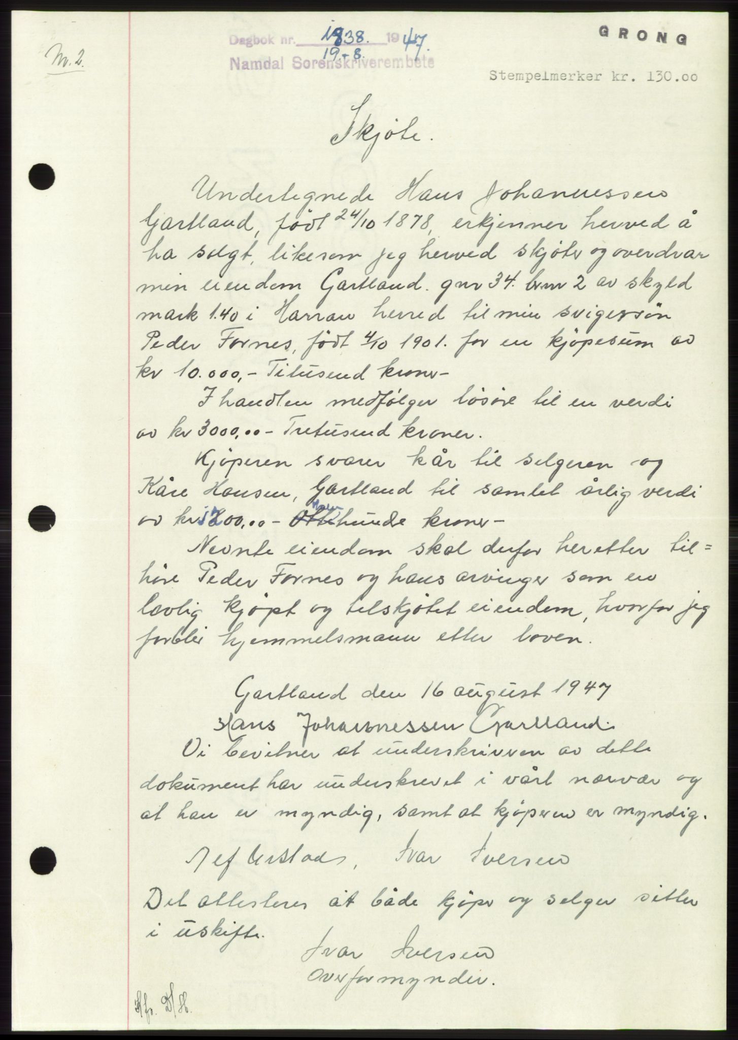 Namdal sorenskriveri, SAT/A-4133/1/2/2C: Pantebok nr. -, 1947-1947, Dagboknr: 1938/1947