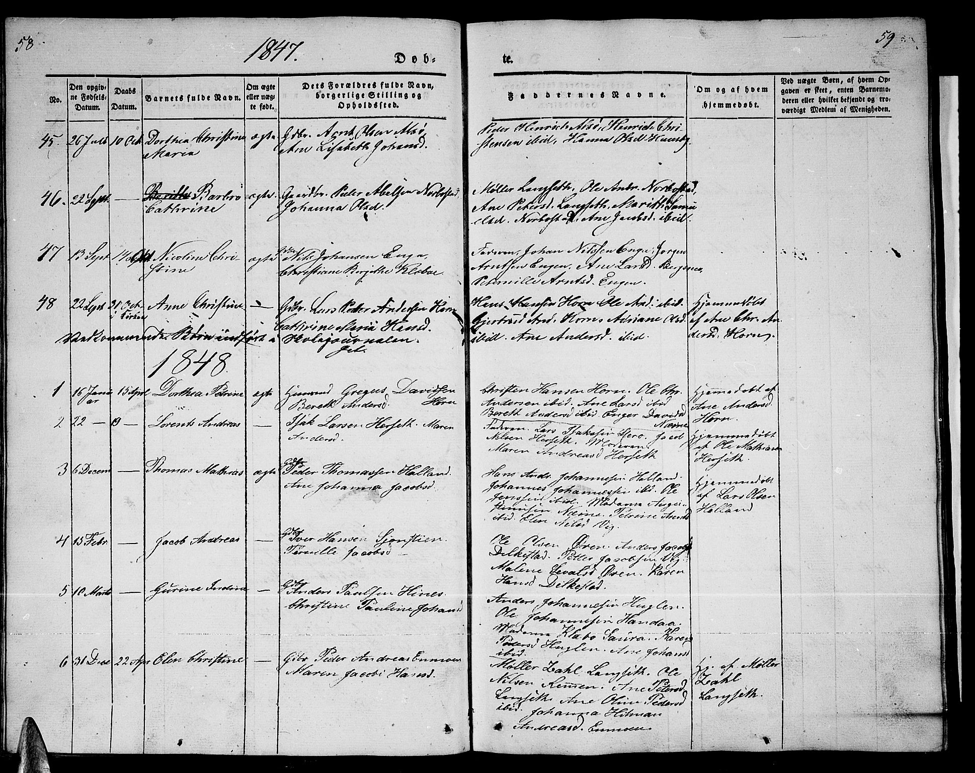 Ministerialprotokoller, klokkerbøker og fødselsregistre - Nordland, AV/SAT-A-1459/838/L0555: Klokkerbok nr. 838C02, 1842-1861, s. 58-59