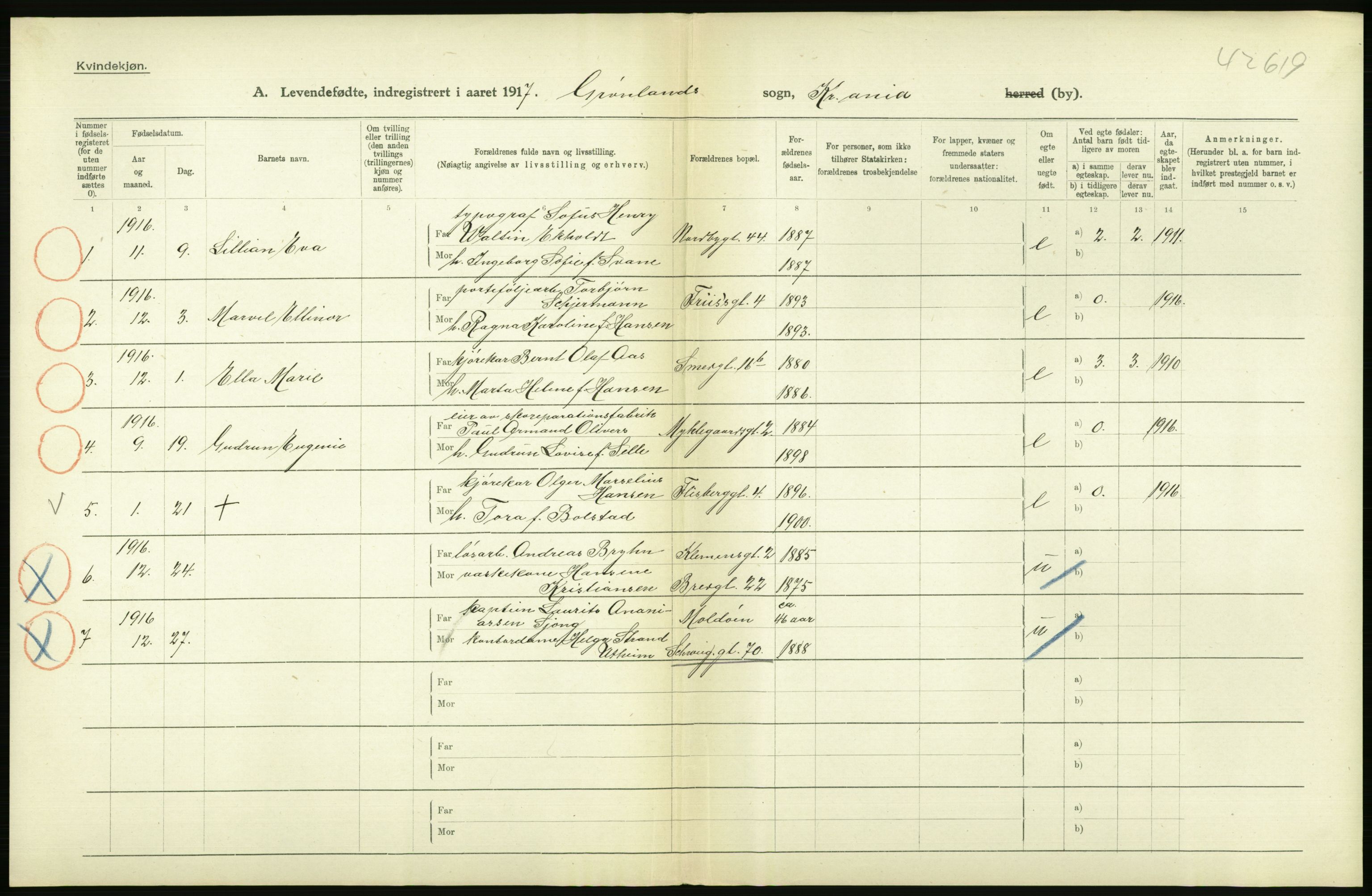 Statistisk sentralbyrå, Sosiodemografiske emner, Befolkning, AV/RA-S-2228/D/Df/Dfb/Dfbg/L0006: Kristiania: Levendefødte menn og kvinner., 1917, s. 30