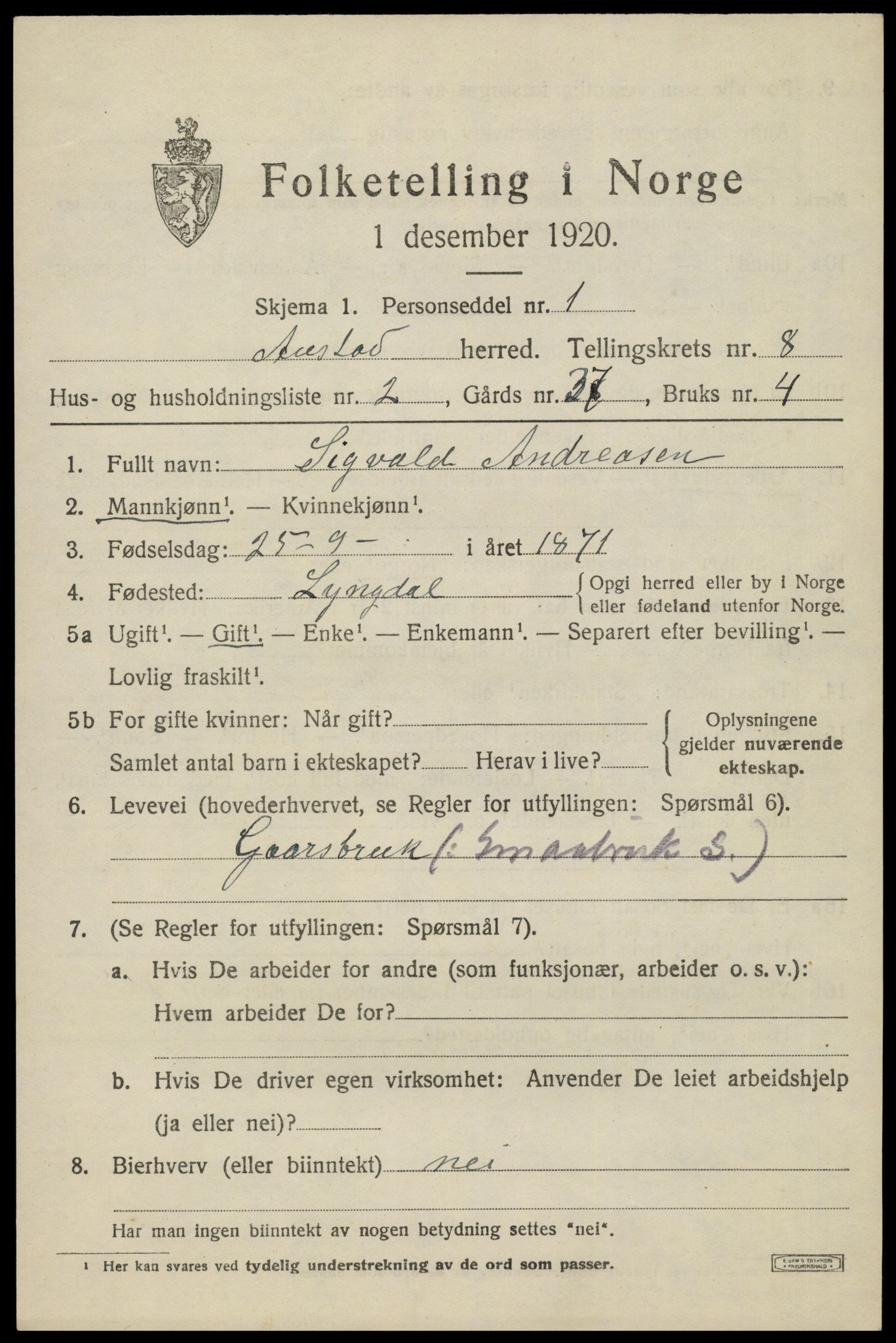 SAK, Folketelling 1920 for 1031 Austad herred, 1920, s. 2609